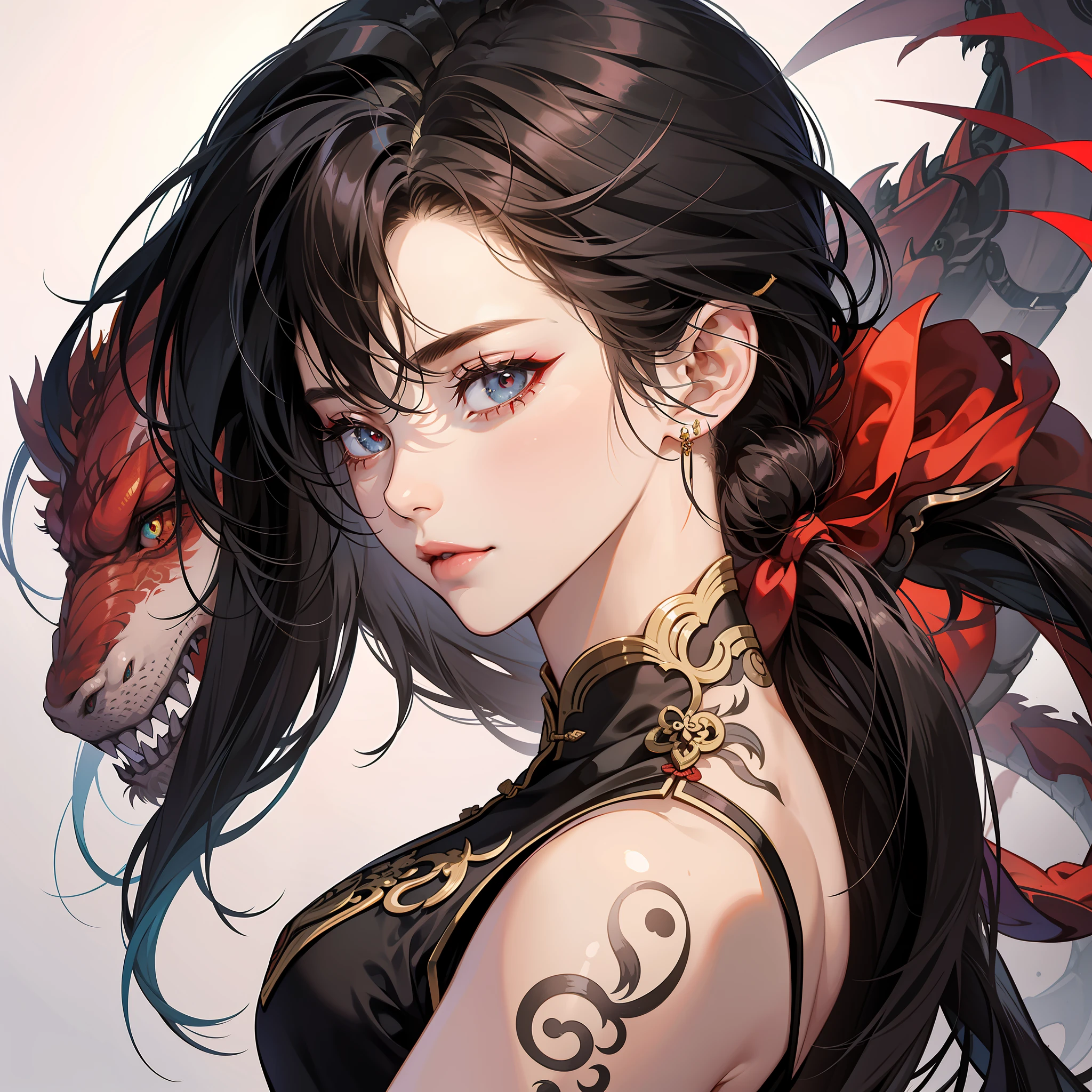 There is a woman with a dragon tattoo on her arm, Zhongyuan Festival, from the girl front, Chinese fantasy, portrait of a dragon woman, is tattooed by a dragon, with her back to face