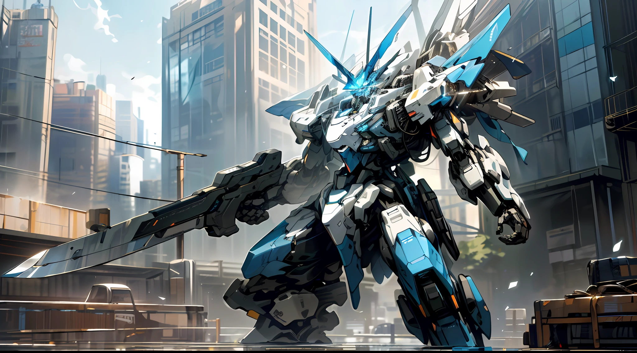 "({quality: masterpiece, type: illustration, description: extremely detailed, resolution: ultra-high, rendering: CG unity, size: 8k}, {tag: clear sky}, {tag: holding weapon}, {tag: glowing}, {tag: robot}, {tag: building}, {tag: glowing eyes}, {tag: blue mecha}, {tag: science fiction}, {tag: city}, {tag: realistic}, {tag: mecha})".