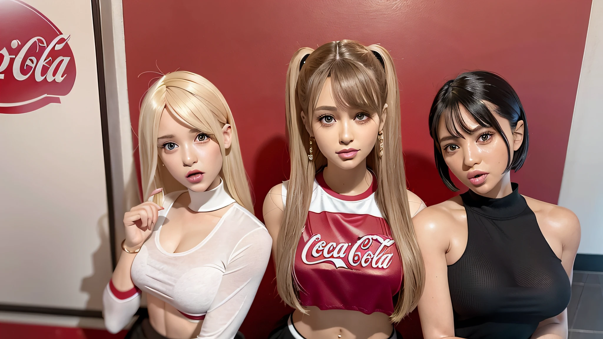 three women in short skirts posing for a picture with a coca cola sign, several dolls in one photo, anime barbie doll, the uncanny valley, perfect android girl family, 3 heads, hottoys, uncanny valley!, creepy uncanny valley, trending at cgstation, plastic doll, trending on cgstation, by Jason Teraoka, fanart, glossy magazine photoshoot