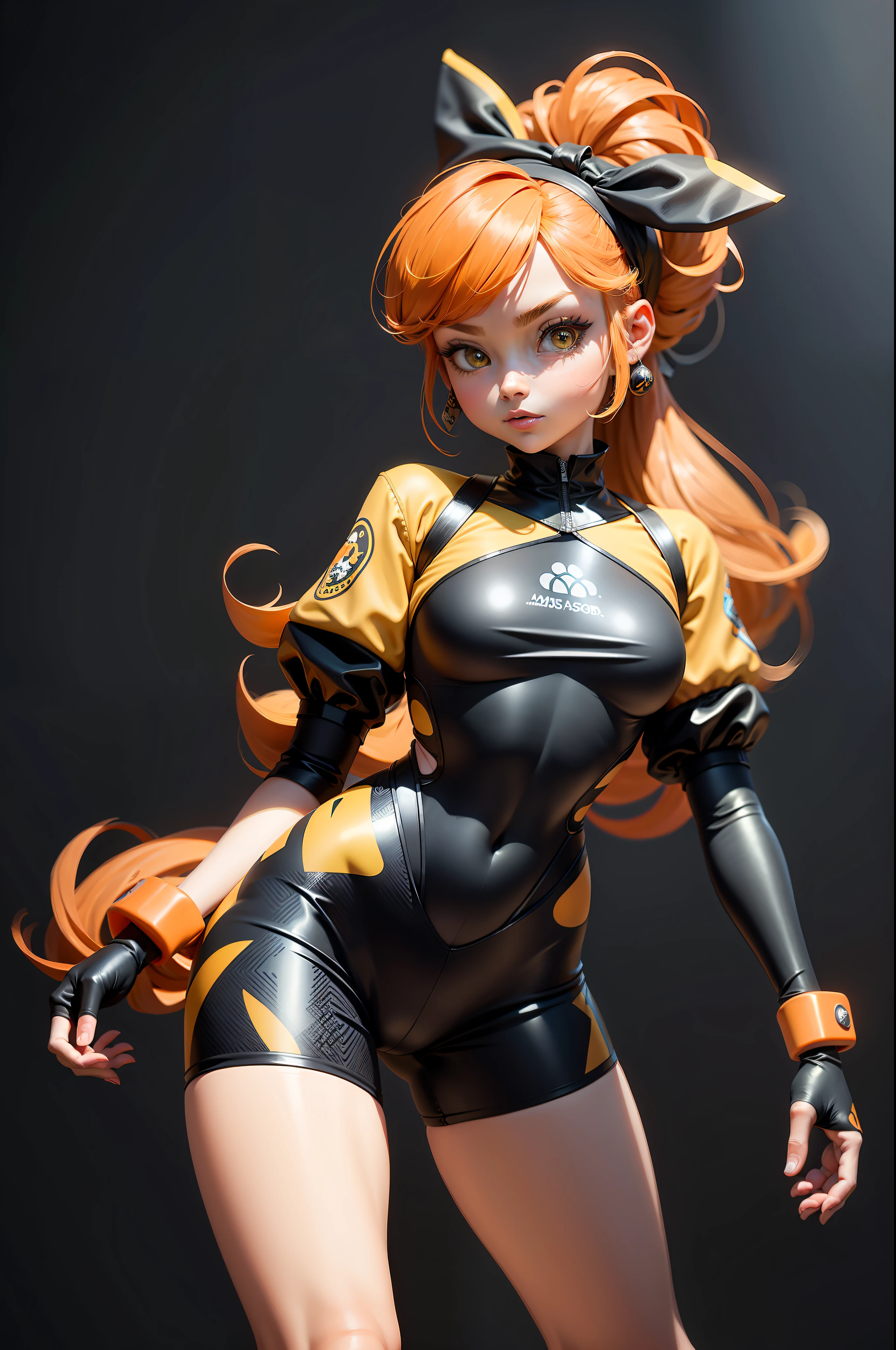 3dmm style, (masterpiece, best quality), intricate details, 1girl, solo, bea\(pokemon\), bow hair band, printed shirt, tied shirt, black bodysuit, bodysuit under clothes, single glove, print shorts, knee pads, barefoot, cowboy shot, looking to the side from the front, visible whole body, hands on waist, yellow clothing, orange hair, mysterious look, whole plane