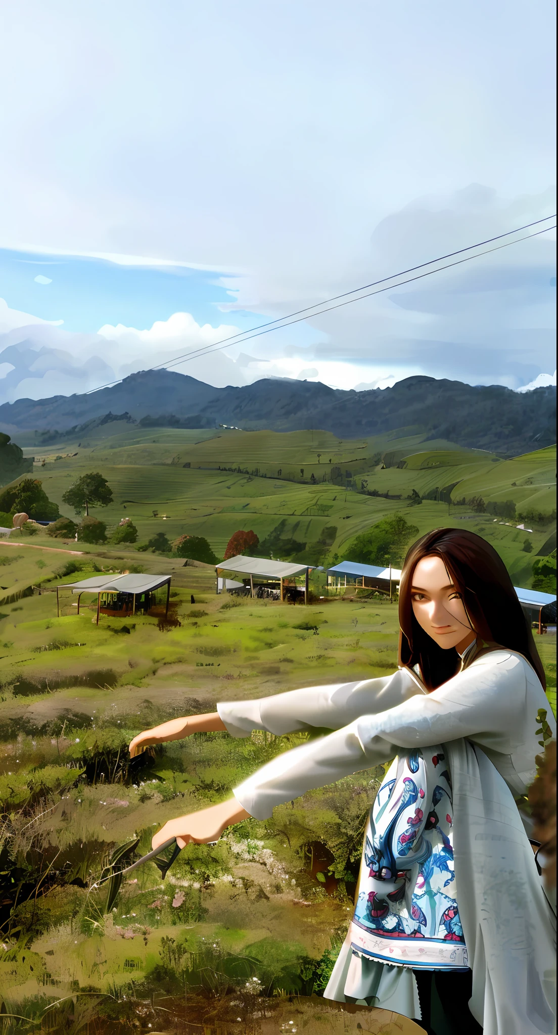 (masterpiece, best quality),1girl with long white hair sitting in a field of green plants and flowers, her hand under her chin, warm lighting, white dress, blurry foreground