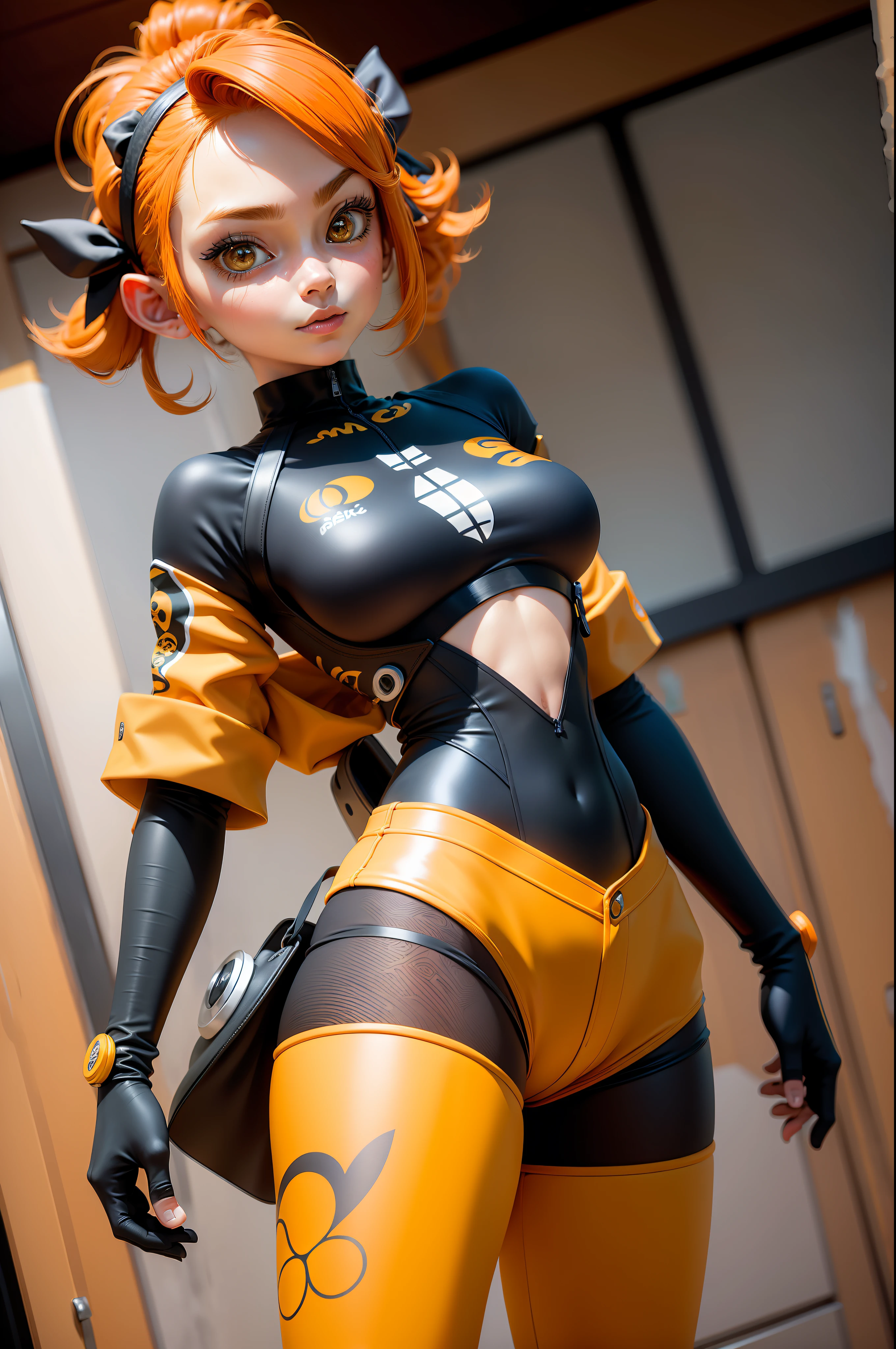 3dmm style, (masterpiece, best quality), intricate details, 1girl, solo, bea\(pokemon\), bow hair band, printed shirt, tied shirt, black bodysuit, bodysuit under clothes, single glove, print shorts, knee pads, barefoot, cowboy shot, looking to the side from the front, visible whole body, hands on waist, yellow clothing, orange hair, mysterious look, whole plane