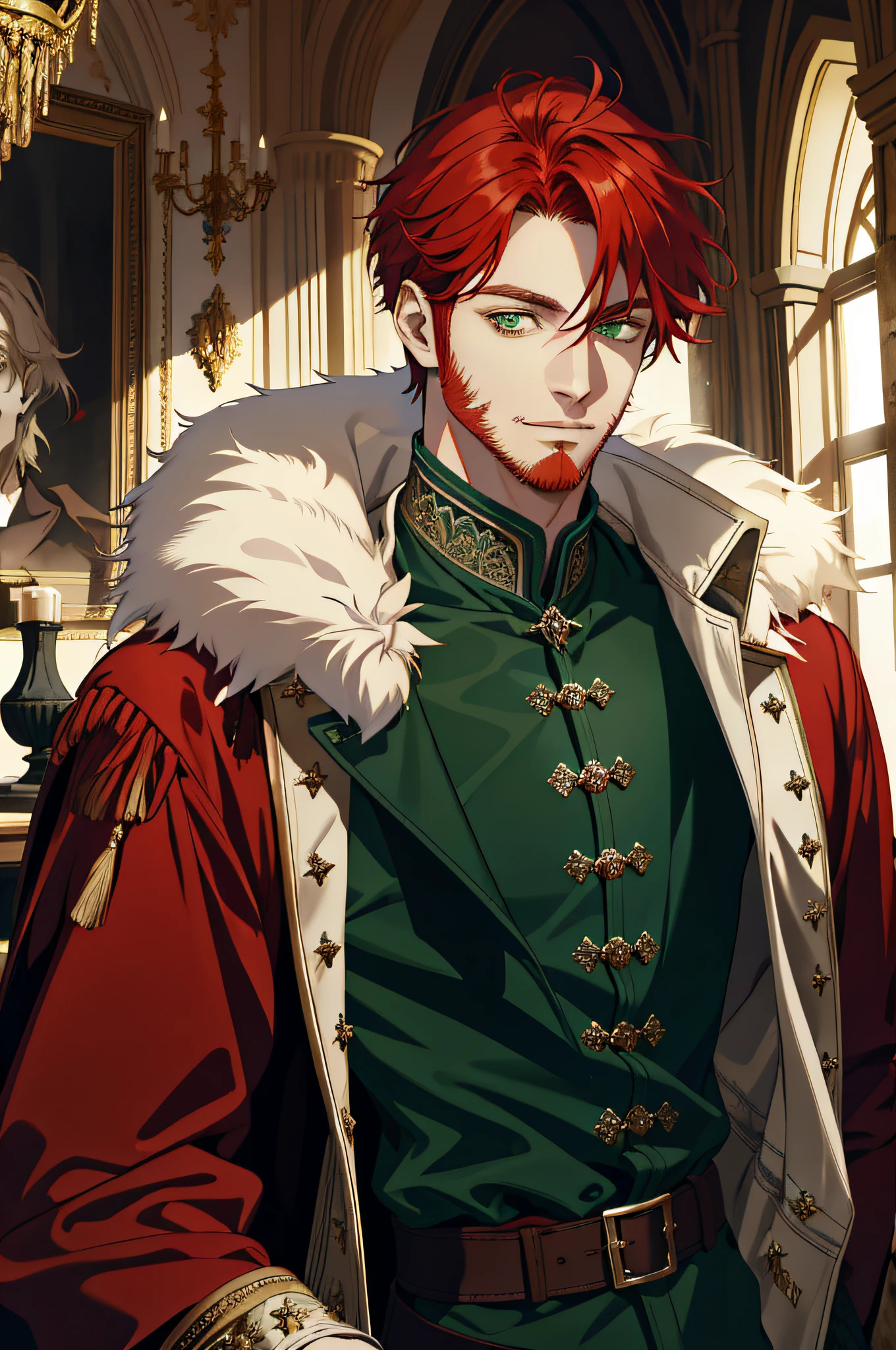 (absurdres, highres, ultra detailed), 1 male, older adult, broad shoulders, finely detailed eyes and detailed face, red hair, short beard, green eyes, fantasy, Fur coat, royal, Castle, indoors, Sunlight, Fantastic light and shadow, Scenery, Portrait