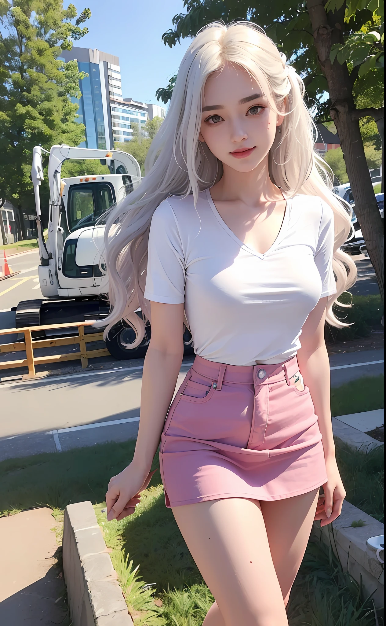 (Masterpiece, realistic, high resolution), (1 girl): 1.2), Korean, ((white wavy hair): 1.3), (heterochromic eyes: 1.1, thick eyebrows, small moles under the eyes), tie, (white shirt, pink mini miniskirt), ((medium breasts): 1.2, long legs), outdoors, gym, next to various construction equipment, smile