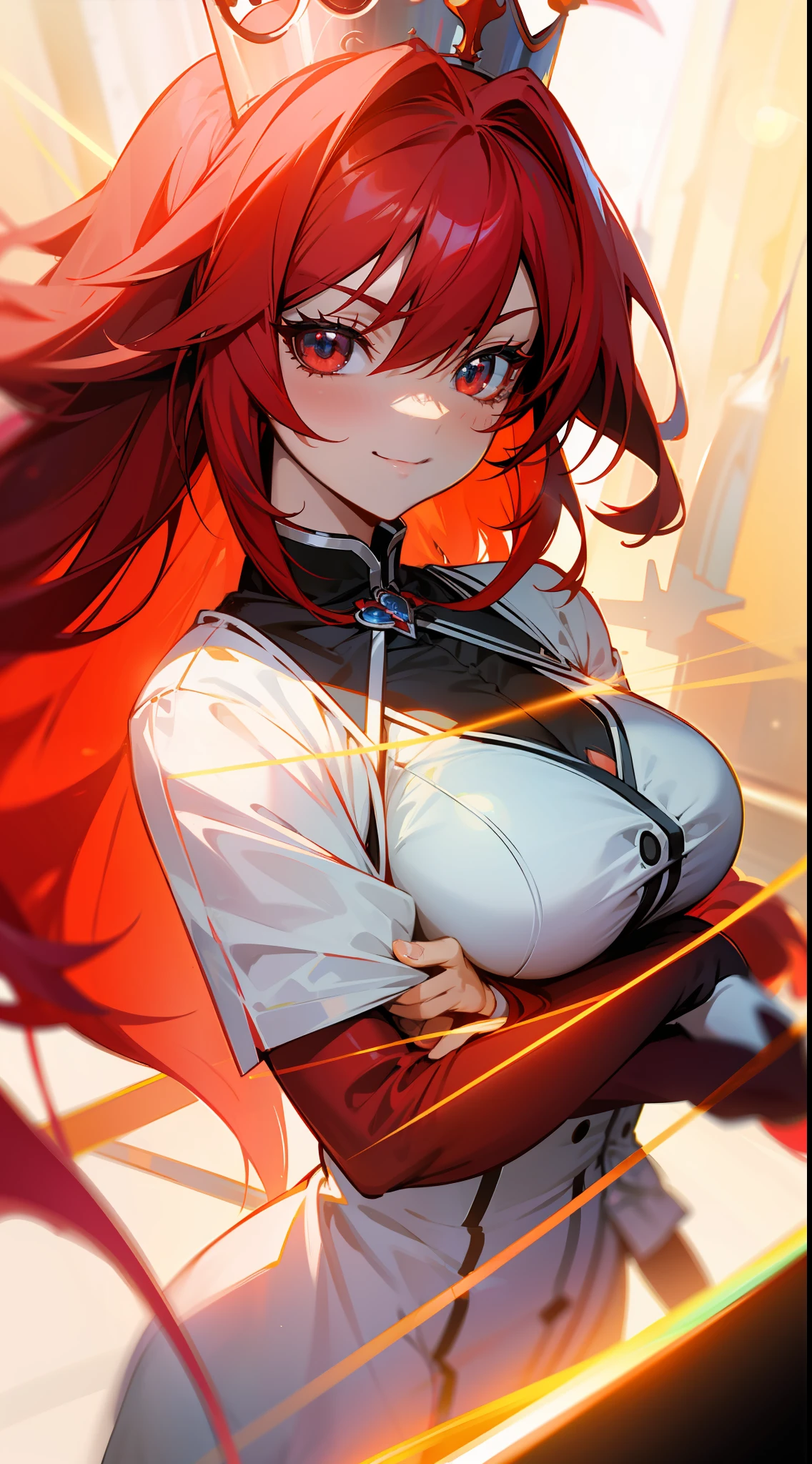 Rias Gremory, red hair, crown, seductive smile, anime style, panorama, lens flare, masterpiece, super detail, best quality, 8k