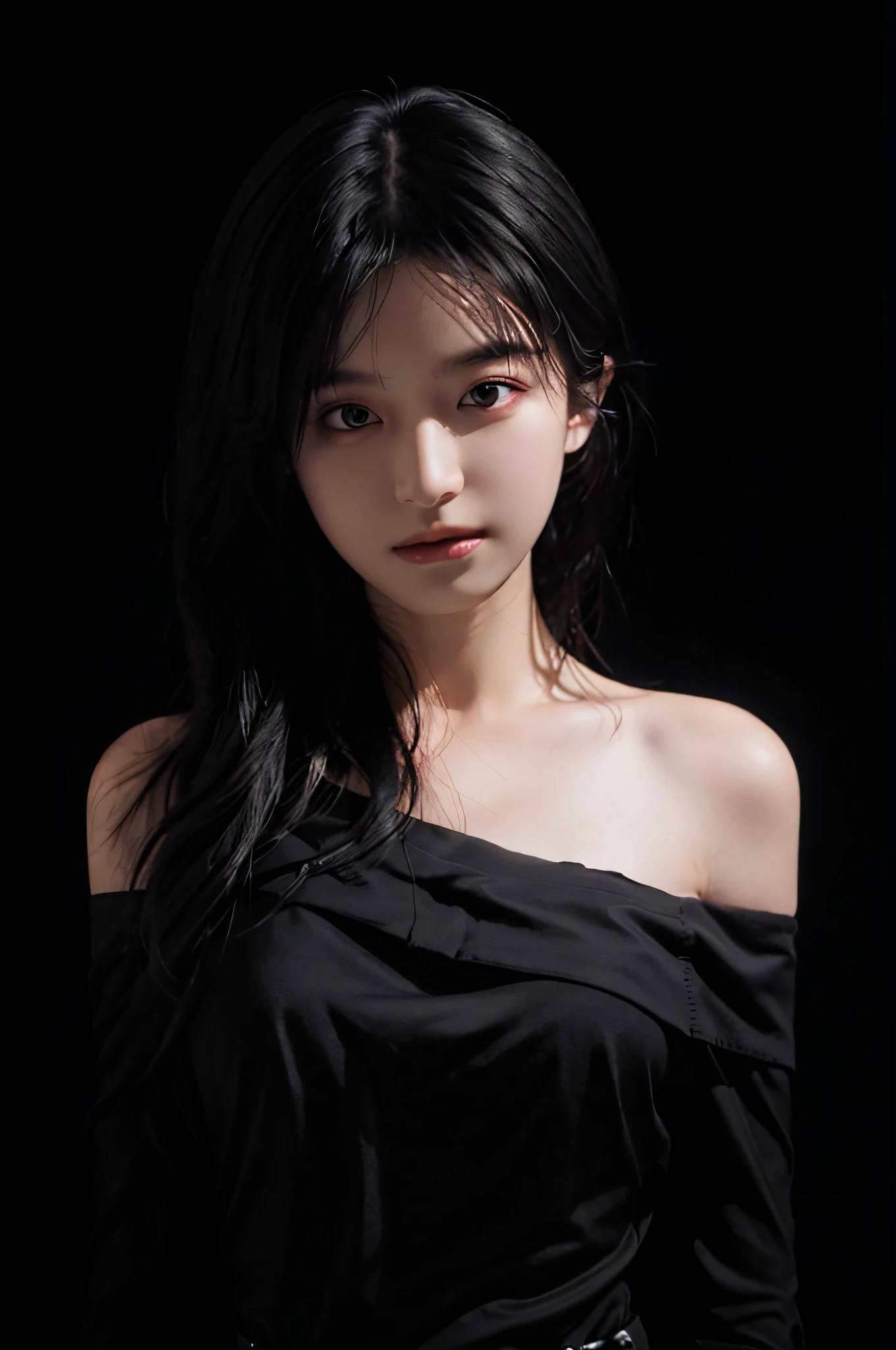 (masterpiece:1.2), (best quality), (ultra detailed), (8k,intricate), (lens 135mm,f1.8),(photorealistic)(black background:1.3),
portrait photography,(upper body:1.3),(off-shoulder),
side lighting,Rim lighting,best shadow,face light source,
perfect anatomy, perfect face,perfect female body,first-rate female bodies,
Detailed skin texture, detailed cloth texture, detailed beautiful face,exquisitely detailed skin,highly detailed skin,pale skin,detailed hair,glistening skin,