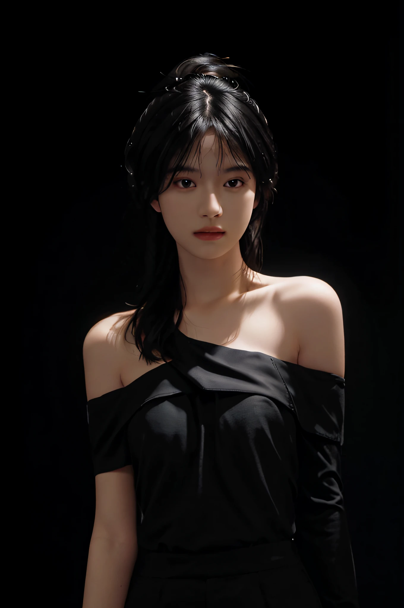 (masterpiece:1.2), (best quality), (ultra detailed), (8k,intricate), (lens 135mm,f1.8),(photorealistic)(black background:1.3),
portrait photography,(upper body:1.3),(off-shoulder),
side lighting,Rim lighting,best shadow,face light source,
perfect anatomy, perfect face,perfect female body,first-rate female bodies,
Detailed skin texture, detailed cloth texture, detailed beautiful face,exquisitely detailed skin,highly detailed skin,pale skin,detailed hair,glistening skin,
