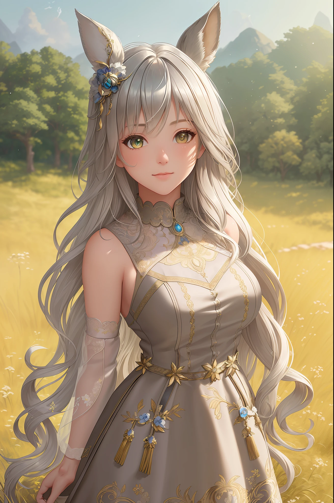 original, intricate detail, illustration, masterpiece, extremely detailed CG unity 8k, highlight, sharpening, running figure, bokeh
a beautiful girl with animal_ears and hair_ornament, silver hair, full body wide angle, face focus, looking at viewer, grassland background