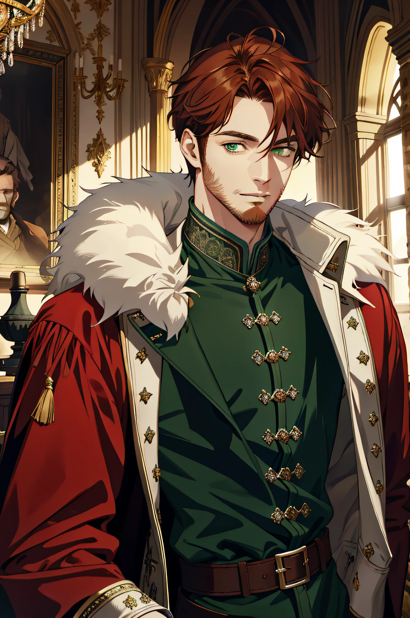 (absurdres, highres, ultra detailed), 1 male, older adult, broad shoulders, finely detailed eyes and detailed face, Reddish brown hair, short beard, green eyes, fantasy, Fur coat, royal, Castle, indoors, Sunlight, Fantastic light and shadow, Scenery, Portrait