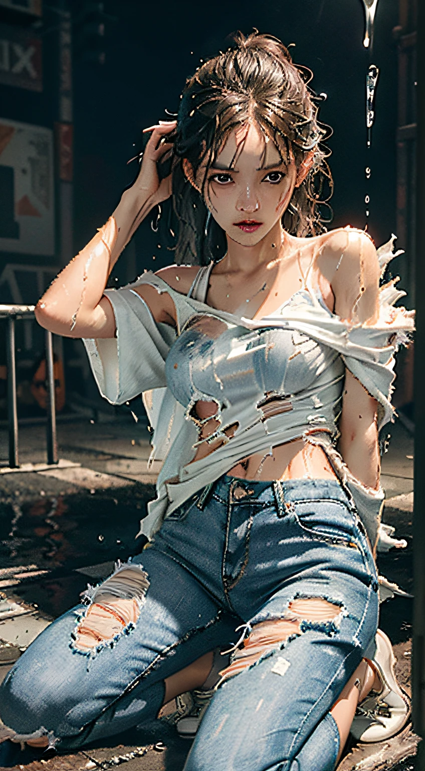 best image quality, masterpiece, super high resolution, (fidelity:1.4), photo, 1 girl, white shirt, torn jeans, white sneakers, dim, darkness, despair, pity, poor, movie, tears, teardrops, (torn clothes:1.5), (wet clothes:1.4), bare shoulders, real rain, wet hair,..