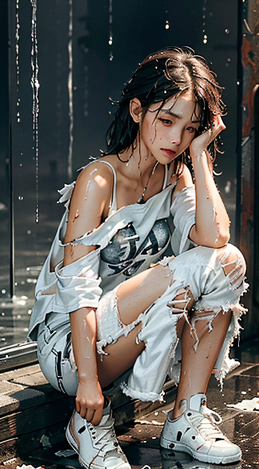 best image quality, masterpiece, super high resolution, (fidelity:1.4), photo, 1 girl, white shirt, torn jeans, white sneakers, dim, darkness, despair, pity, poor, movie, tears, teardrops, (torn clothes:1.5), (wet clothes:1.4), bare shoulders, real rain, wet hair,..