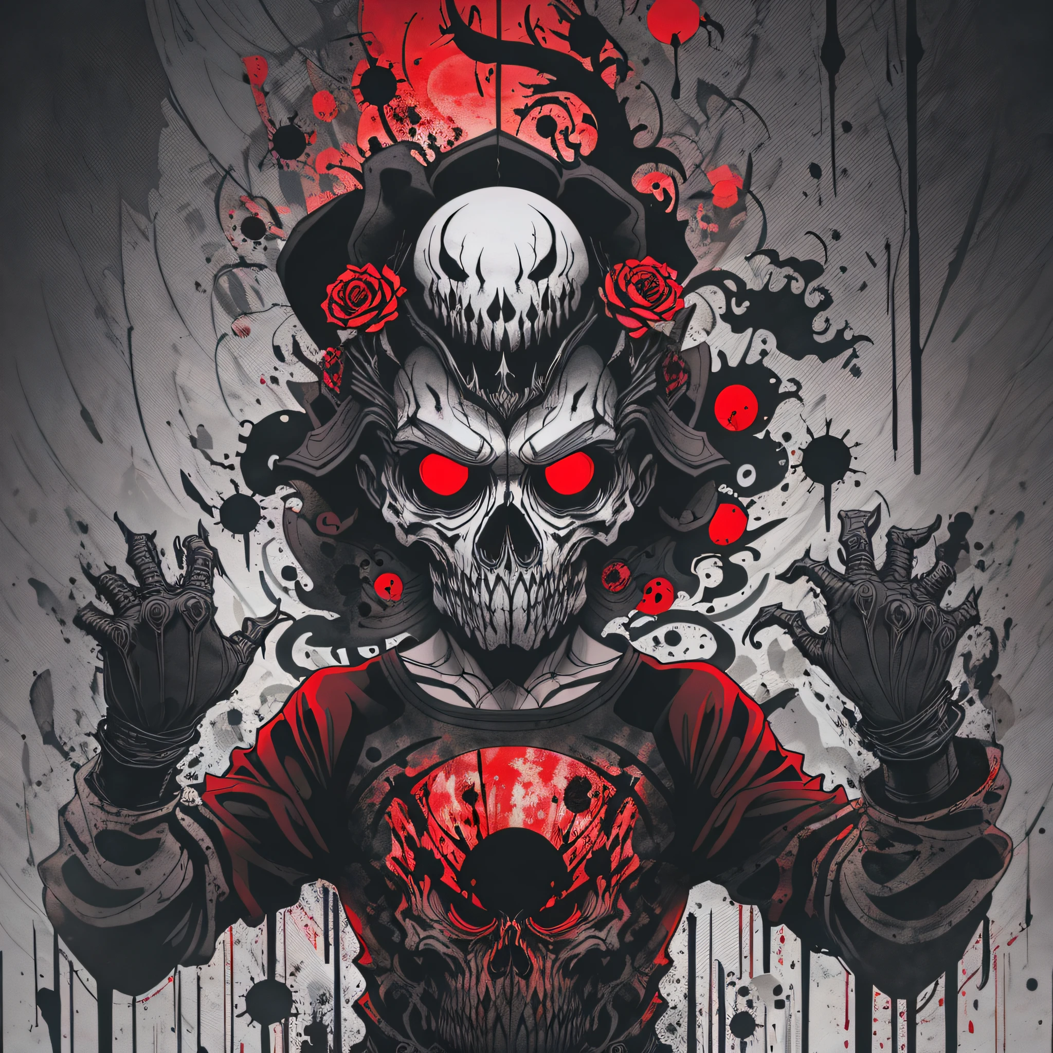 Imagine a dark and distorted world where nightmares come true. Create a unique T-shirt print that captures the essence of absolute terror. Explore elements such as sinister skulls, grotesque creatures, skeletal hands emerging from the darkness, and chilling eyes that mesmerize with your gaze. Mix shades of black, blood red and spectral gray to create a macabre atmosphere. Add disturbing elements, such as cracks and scars, that evoke a sense of deep terror. Surprise us with your creativity by combining terrifying elements in a unique and never-before-seen way. This print should convey the fear and strangeness that haunt the darkest nightmares. Let your imagination run wild and create a T-shirt print that no one will ever forget --auto --s2