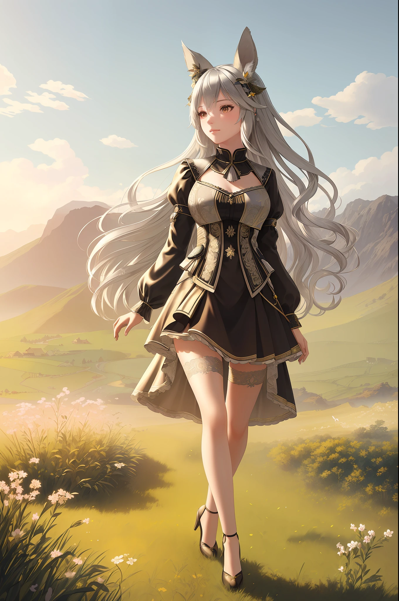 original, intricate detail, illustration, masterpiece, extremely detailed CG unity 8k, highlight, sharpening, running figure, bokeh
a beautiful girl with animal_ears and hair_ornament, silver hair, full body wide angle, grassland background