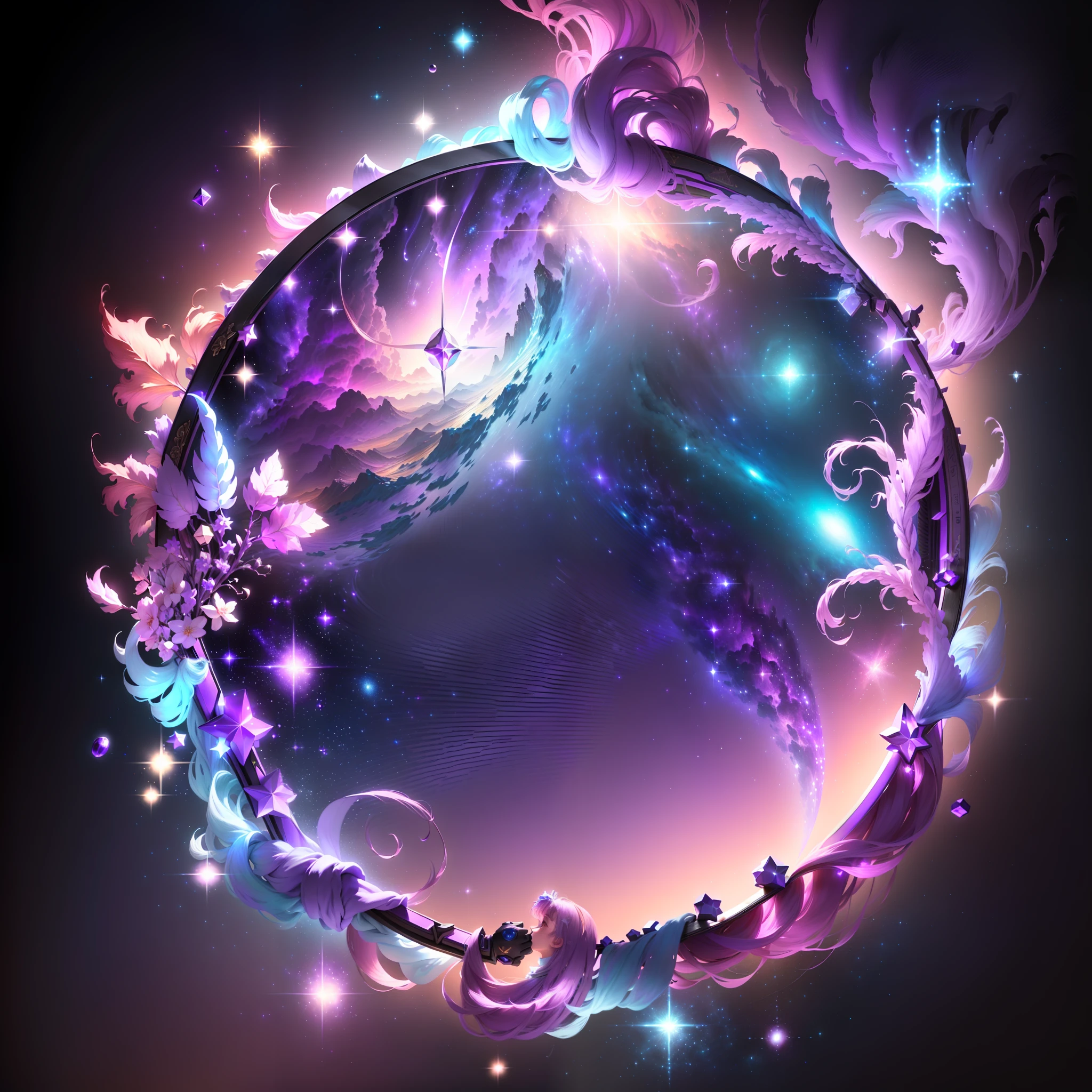 Masterpiece, best quality, super detailed CG unity 8k wallpaper, best illustration, fantastic lilac tones, lots of love elements, romantic love theme, presented on square frames and avatar frames, surrounded by a river of stars and glowing stars. (Resolution 8k, UI design, purple tone, love UI, square, galaxy, romantic effect) with a needle in the middle --v 6