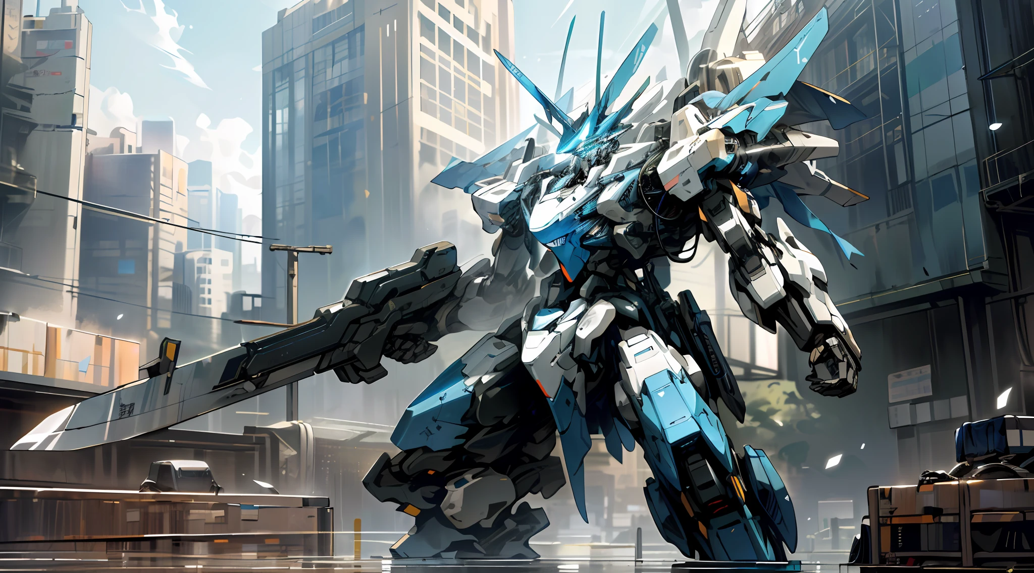 "({quality: masterpiece, type: illustration, description: extremely detailed, resolution: ultra-high, rendering: CG unity, size: 8k}, {tag: clear sky}, {tag: holding weapon}, {tag: glowing}, {tag: robot}, {tag: building}, {tag: glowing eyes}, {tag: blue mecha}, {tag: science fiction}, {tag: city}, {tag: realistic}, {tag: mecha})".