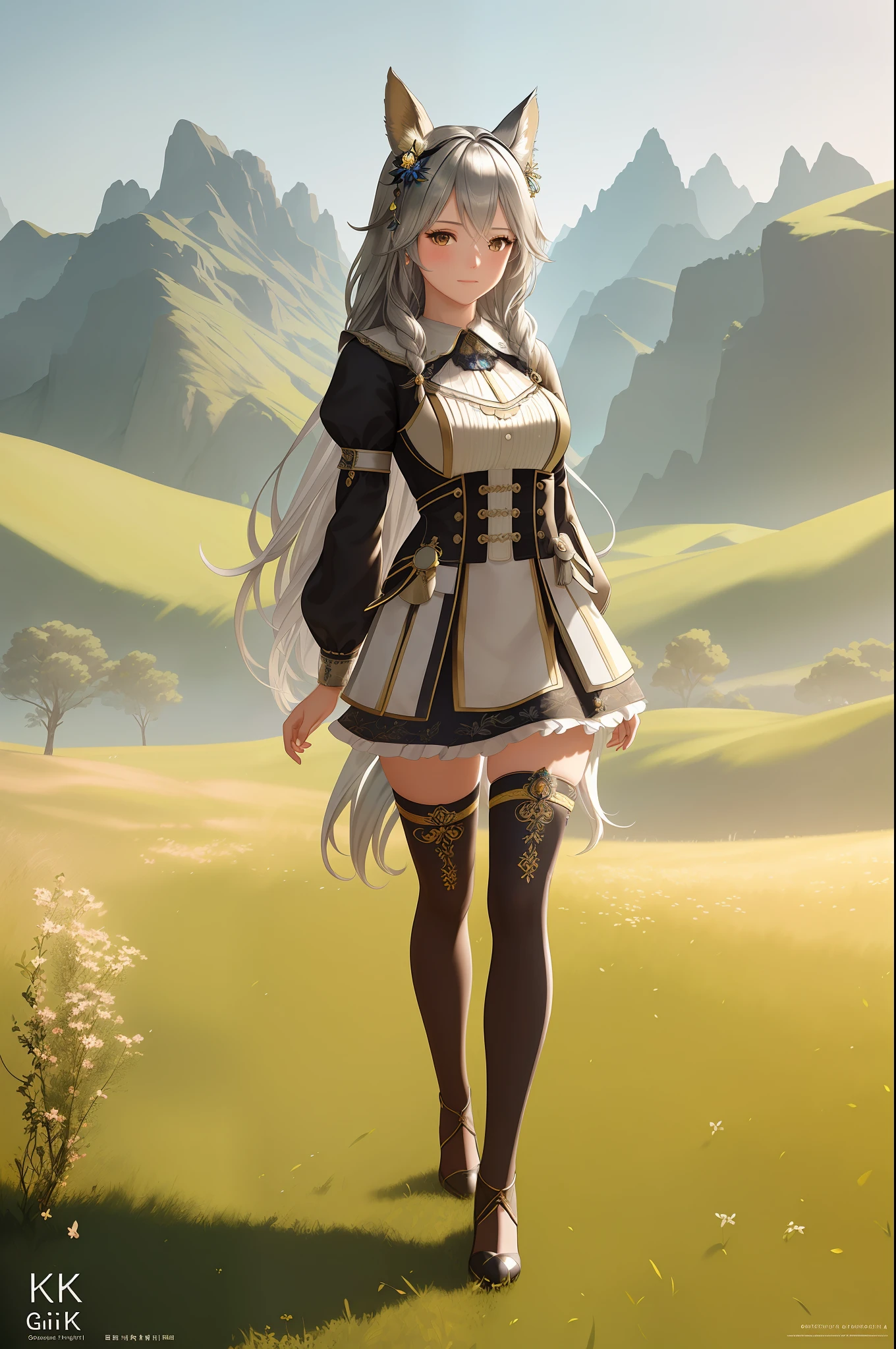 original, intricate detail, illustration, masterpiece, extremely detailed CG unity 8k, highlight, sharpening, running figure, bokeh
a beautiful girl with animal_ears and hair_ornament, silver hair, full body wide angle, grassland background
