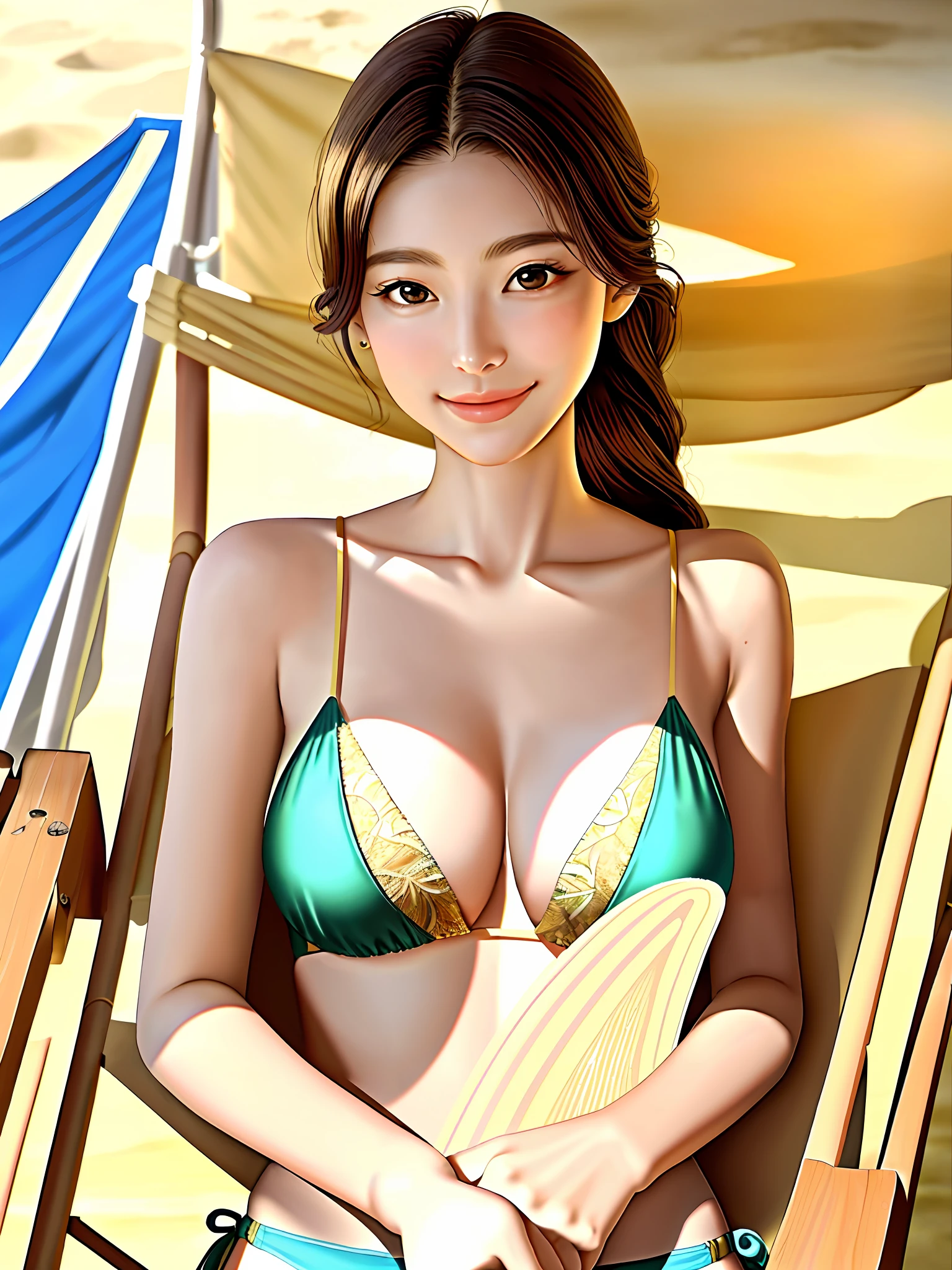 Super beautiful, high resolution, masterpiece, super realistic, a sunny beautiful beauty, elegant and generous, 22 years old, delicate collarbone, beautiful and delicate face, smile, beautiful big eyes, smart and spiritual, perfect body, bikini, sand, sun, sea, breeze, deck chair
