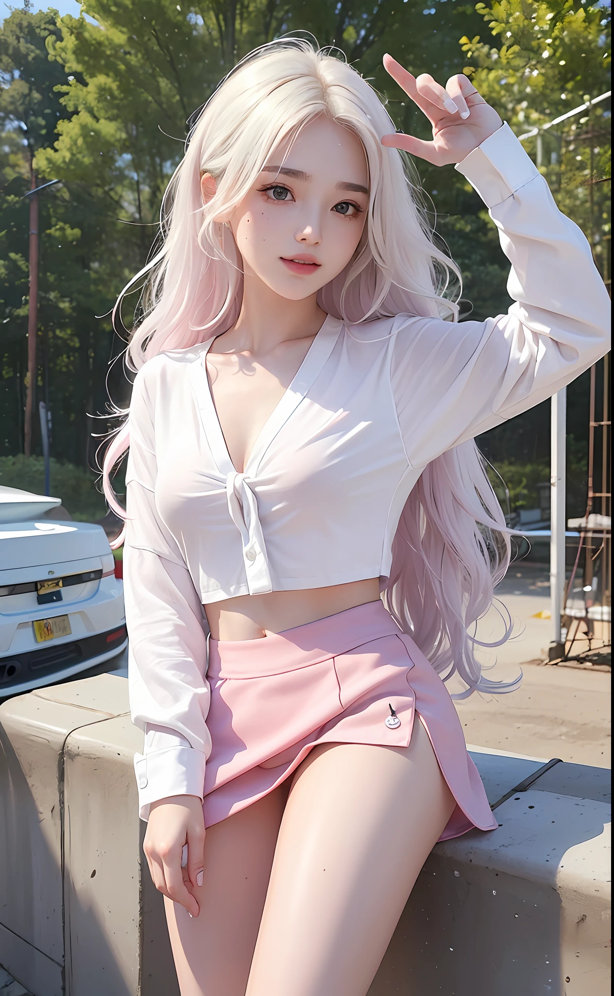 (Masterpiece, realistic, high resolution), (1 girl): 1.2), Korean, ((white wavy hair): 1.3), (heterochromic eyes: 1.1, thick eyebrows, small moles under the eyes), tie, (white shirt, pink mini miniskirt), ((medium breasts): 1.2, long legs), outdoors, gym, next to various construction equipment, smile