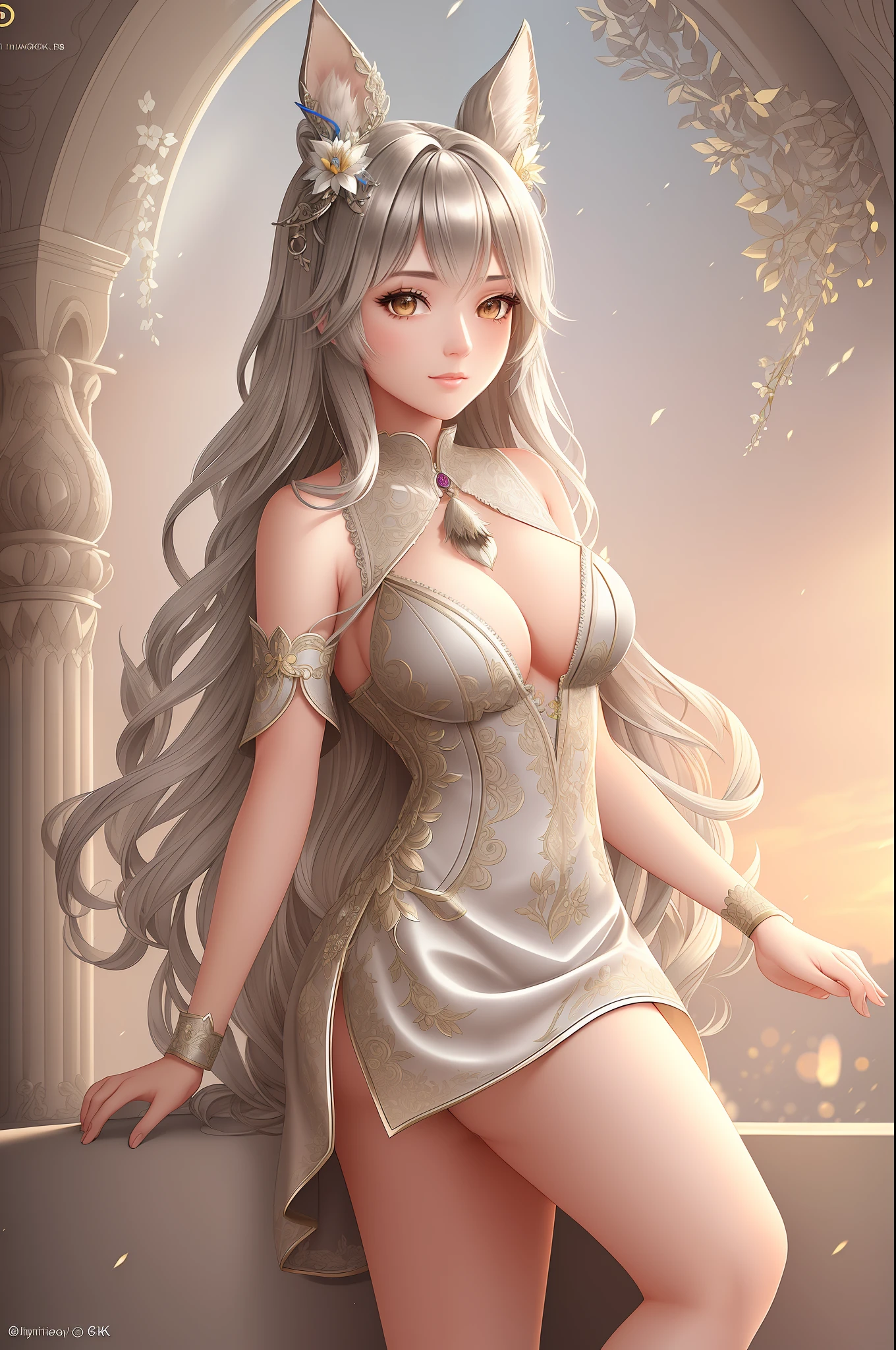 original, intricate detail, illustration, masterpiece, extremely detailed CG unity 8k, highlight, sharpening, bewitching poses, bokeh
a beautiful girl with animal_ears and hair_ornament, silver hair, full body wide angle