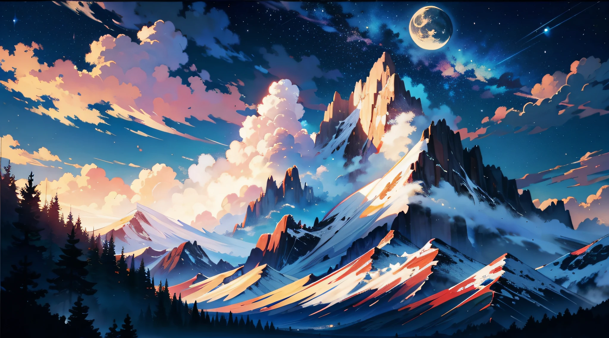Mountains, clouds, night, moon, starry sky, masterpieces, HD, high quality, best quality, highres, high quality, high details, masterpiece, anime style