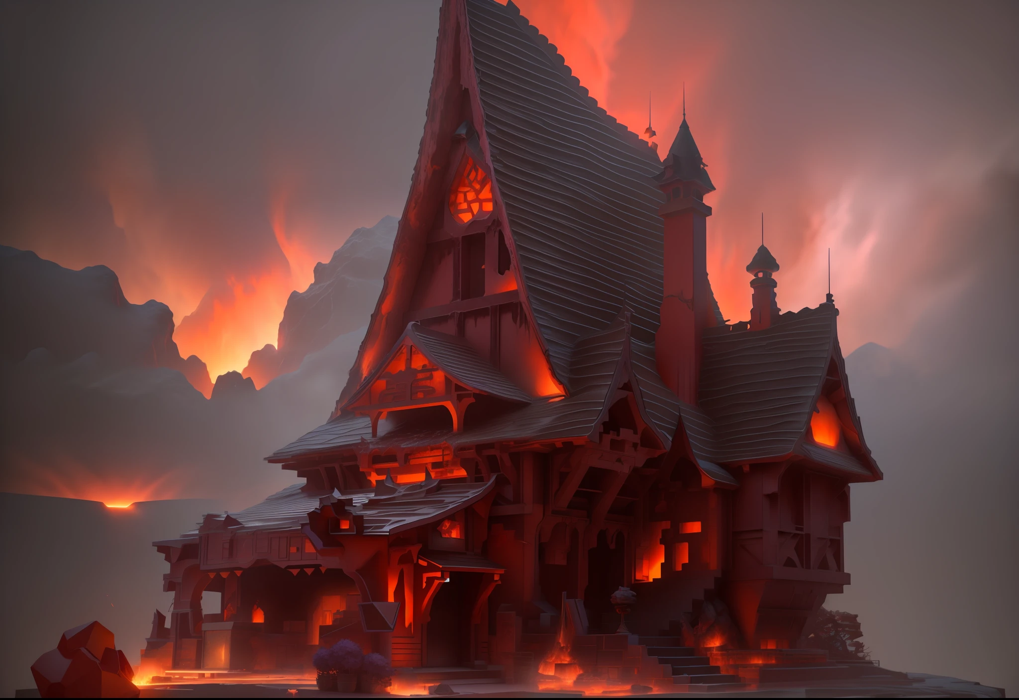 The entire building is surrounded by magma, as if erupting from the ground. Demons here perform mystical rituals and cast, 3D rendering, very high definition, high detail, 8k, cinematic lighting, super high resolution, game asset masterpiece, best quality, toon, pixar style, simple design, mini sense, animal crossing,1building,3d,clean,Eggplant and Coral