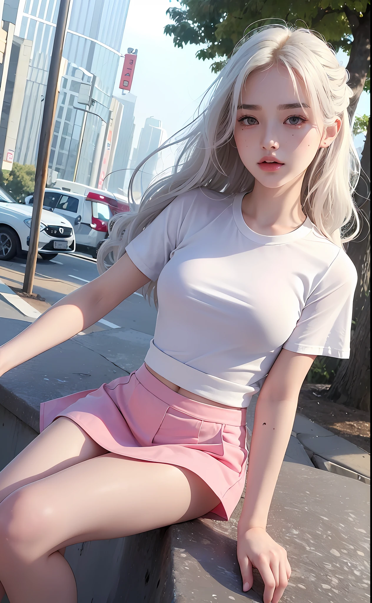 (Masterpiece, realistic, high resolution), ((1 girl): 1.2), Korean, ((white wavy hair): 1.3), (heterochromic eyes: 1.1, thick eyebrows, small moles under the eyes), tie, (white shirt, pink mini miniskirt), ((medium breasts): 1.2, long legs), outdoors, gym, next to various construction equipment