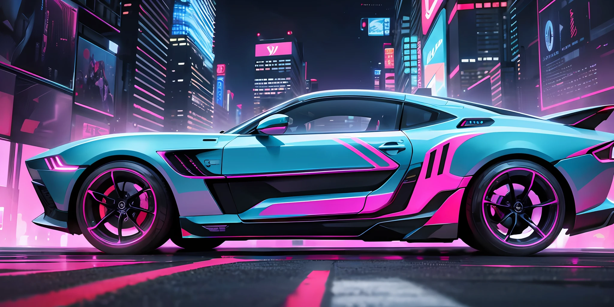 Futuristic muscle car, parked at the end of the street of a cyberpunk city, the neon colors of skyscrapers become a beautiful backdrop, hi-res photorealistic painting, --auto --s2
