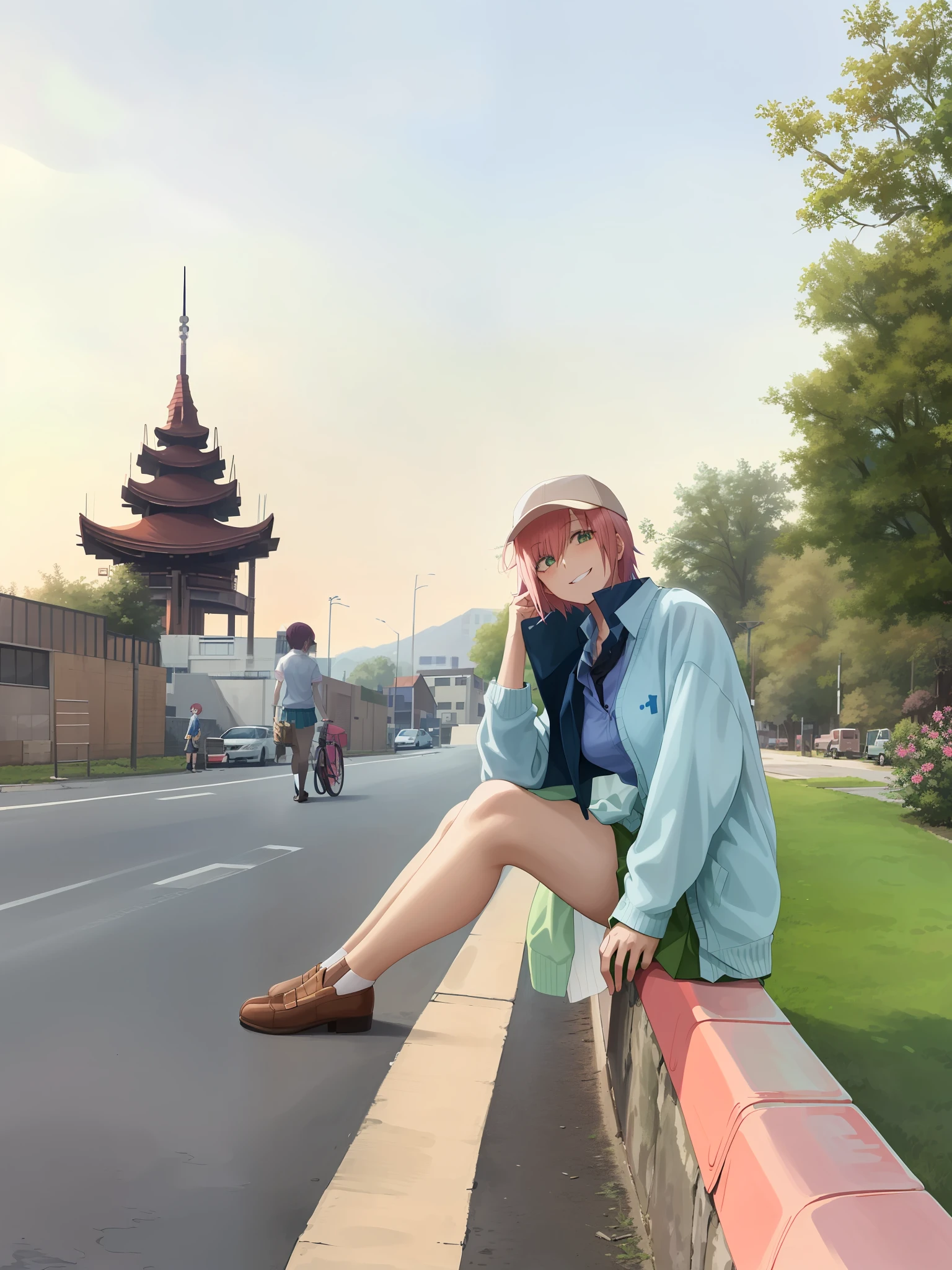 2D, Masterpiece, Best Quality, Anime, Very Detailed, One Girl, Solo, Cowboy Shot, Ichika Nakano, Pink Hair, Short Hair, Cardigan Around the waist, Collared Shirt, Green Skirt, Mini Skirt, Panties from Front,Midchest, Standing, School, Outdoors, Smile