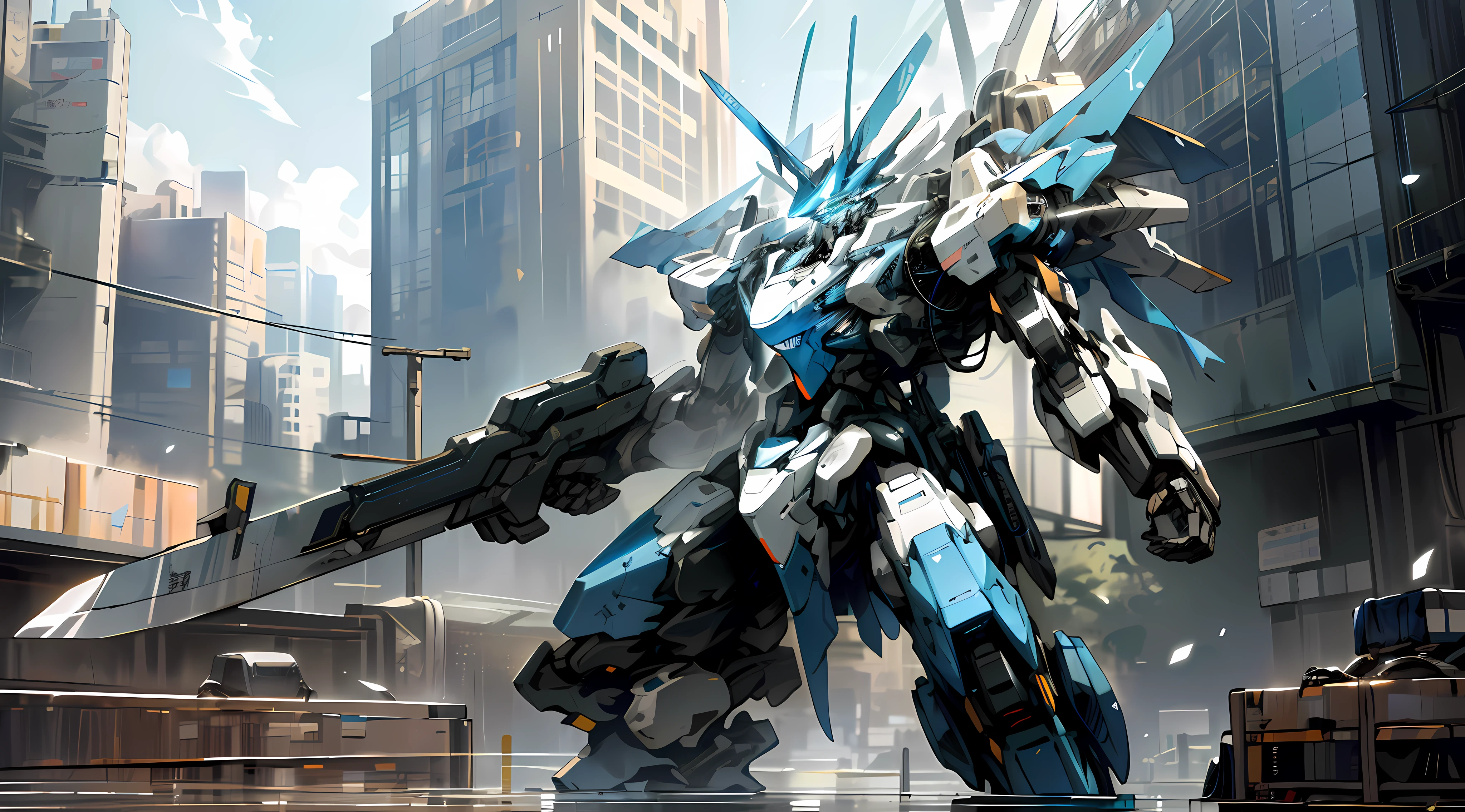 "({quality: masterpiece, type: illustration, description: extremely detailed, resolution: ultra-high, rendering: CG unity, size: 8k}, {tag: clear sky}, {tag: holding weapon}, {tag: glowing}, {tag: robot}, {tag: building}, {tag: glowing eyes}, {tag: blue mecha}, {tag: science fiction}, {tag: city}, {tag: realistic}, {tag: mecha})".