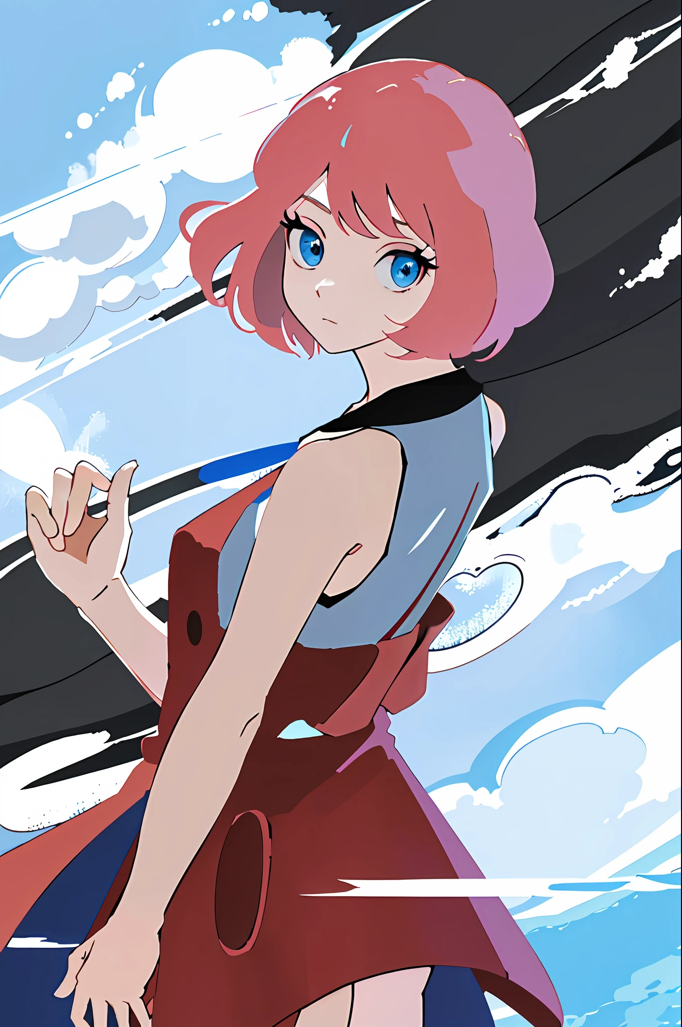 masterpiece, best quality, highres, serena \(pokemon\), short hair, blue eyes, 1girl, solo, blue ribbon, eyelashes, neck ribbon, sleeveless, bangs, collarbone, bare arms, pink dress , red coat, white background, front, no scenery, looking at the viewer,upper body, facing viewer, solid color background, clean background, facing the camera, high resolution, expressionless calm face, white back ground, looking away