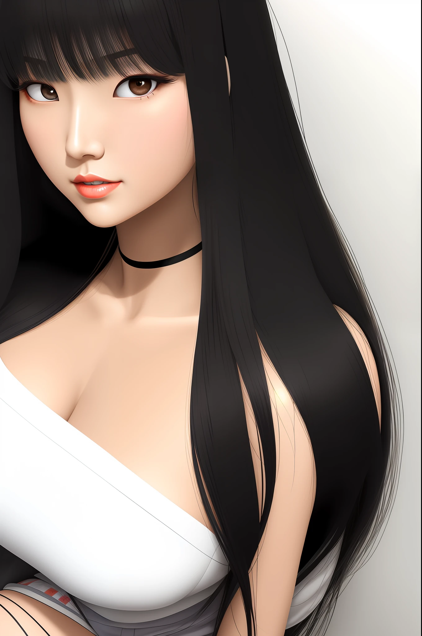 Create a Japanese woman with large thighs, medium lips, normal breasts, long, tall black hair and wearing round ocolus