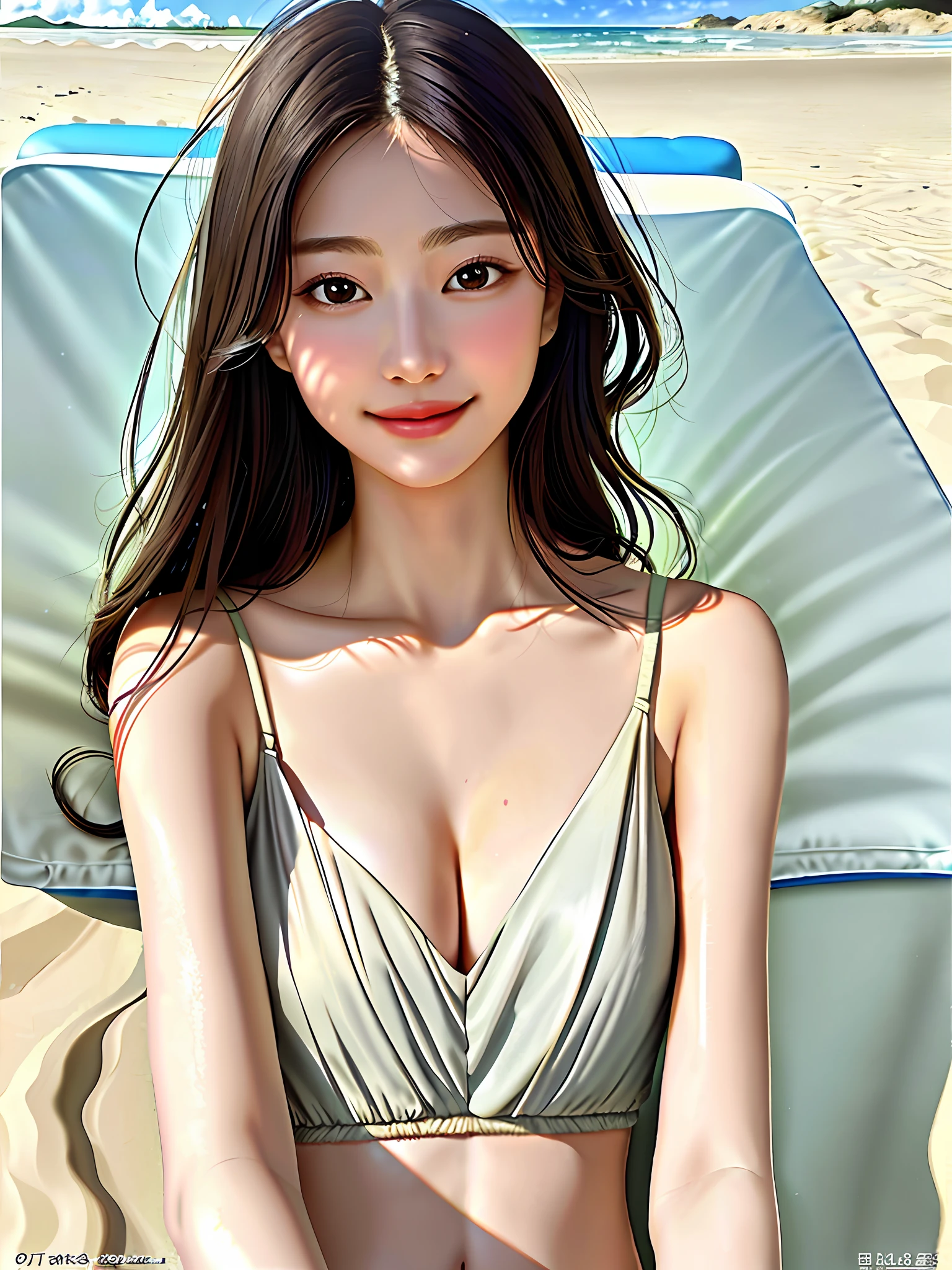 Super beautiful, high resolution, masterpiece, super realistic, a sunny beautiful beauty, elegant and generous, 22 years old, delicate collarbone, beautiful and delicate face, smile, beautiful big eyes, smart and spiritual, perfect body, bikini, sand, sun, sea, breeze, recliner, lying down, bare back