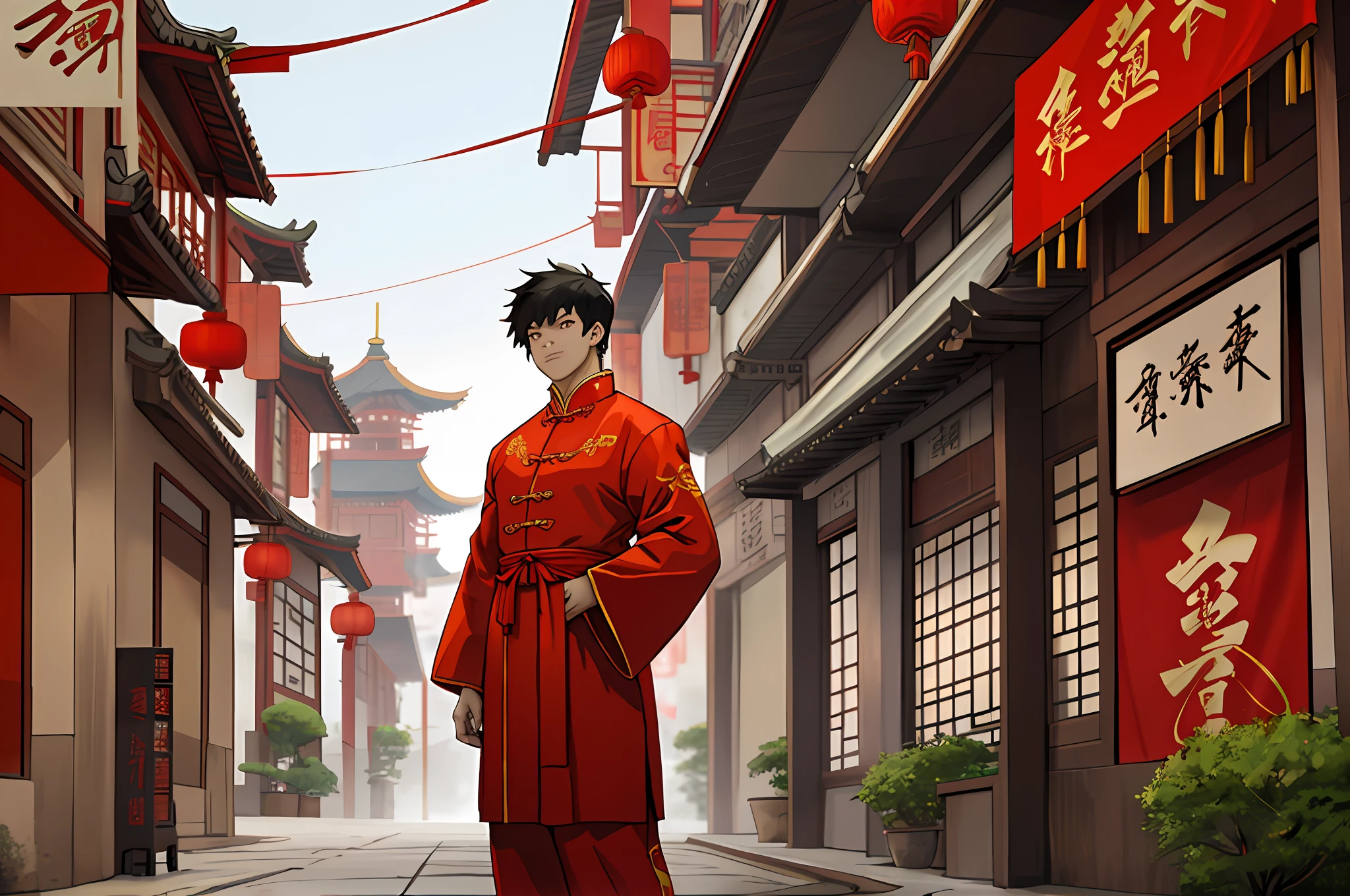 Man in red chinese clothes standing in front of city, young anime man, empty-handed, downtown area, red china clothes, red kung fu clothes, red chinese clothes without patterns