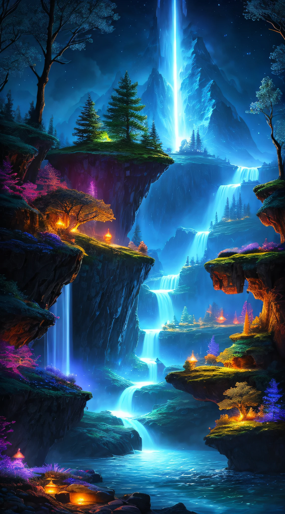 best quality, masterpiece, beautiful wild and natural fantasy landscape with glowing lights