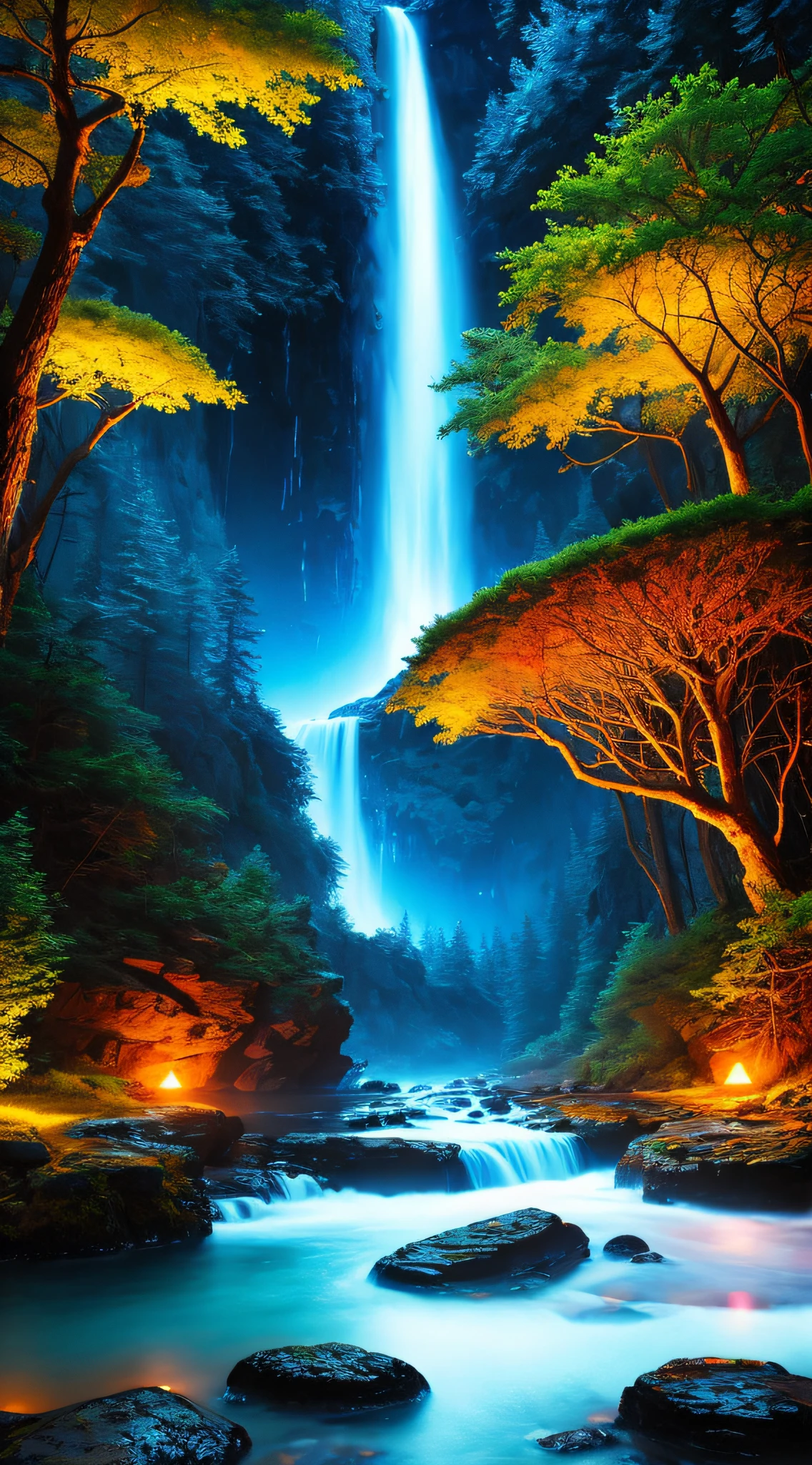 best quality, masterpiece, beautiful wild and natural fantasy landscape with glowing lights