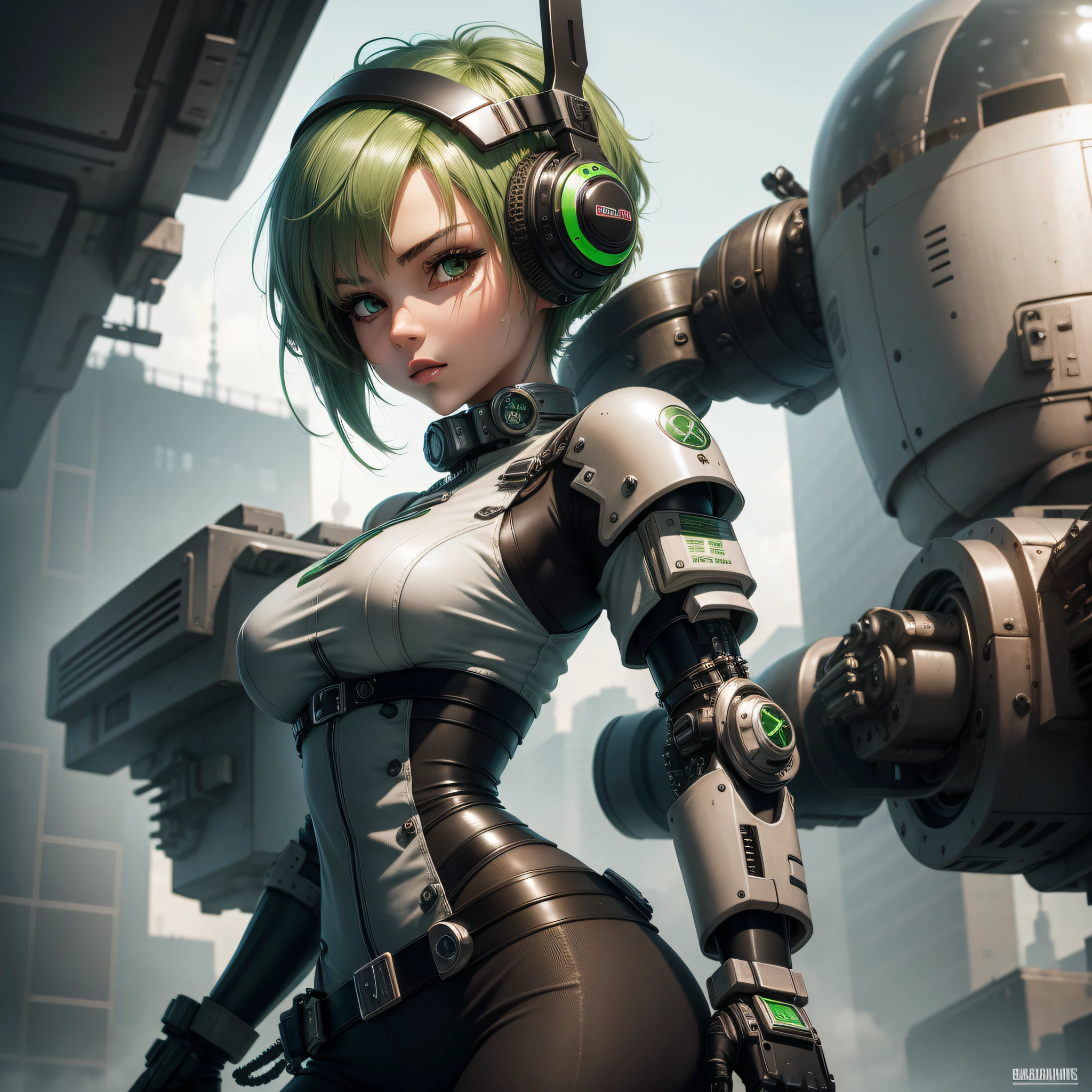 (detailed description) (high quality) cybernetic girl with short green hair, on top of a gray Chopper