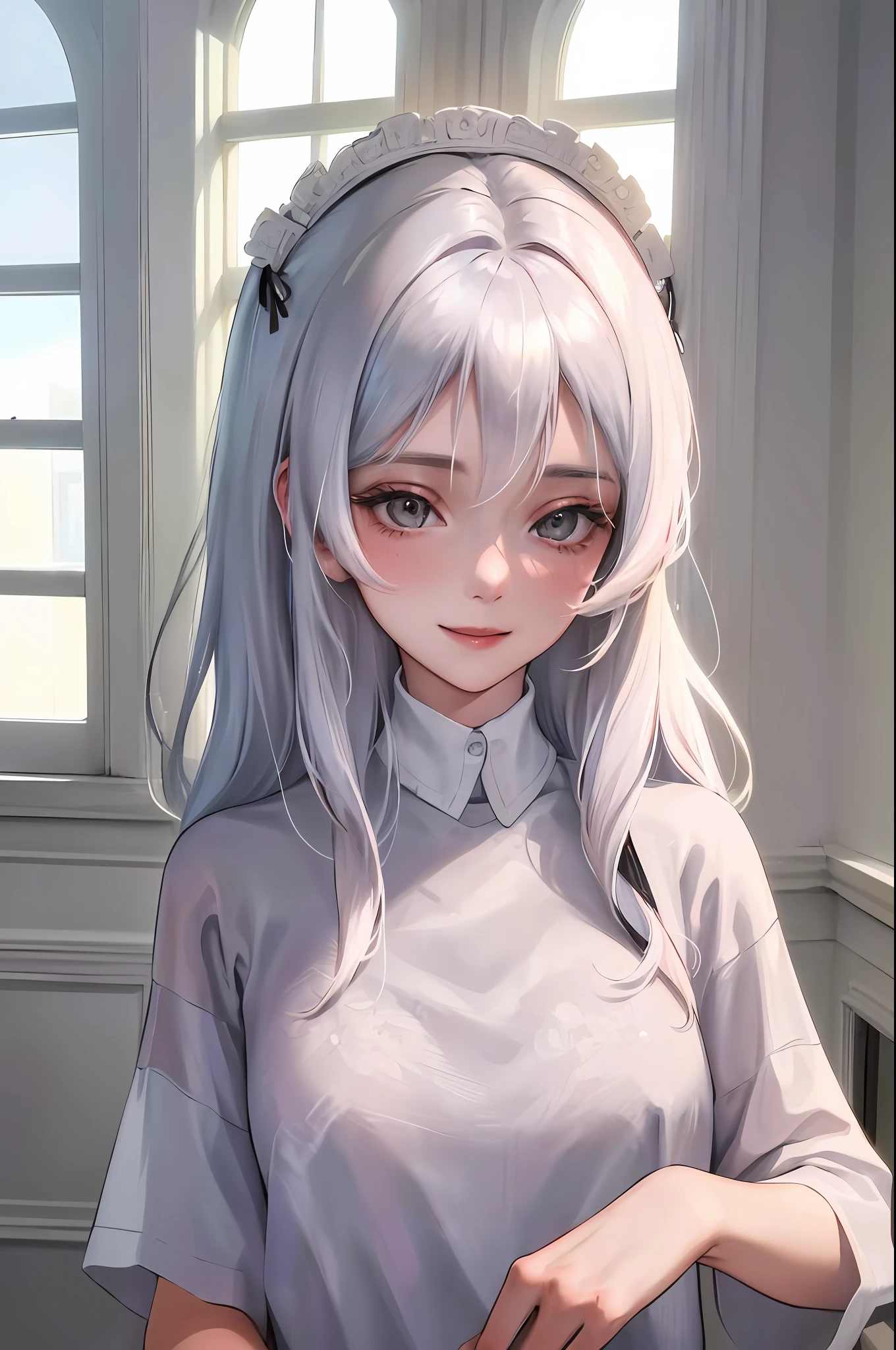 (higher resolution, distinct_image) best quality, a woman with white hair, masterpiece, highly detailed, semi-realistic, 21 years old, beautiful, young, handsome, t-shirt, bandeau, collar at neck, interior, modern room, window, wake up, morning, blush, smile