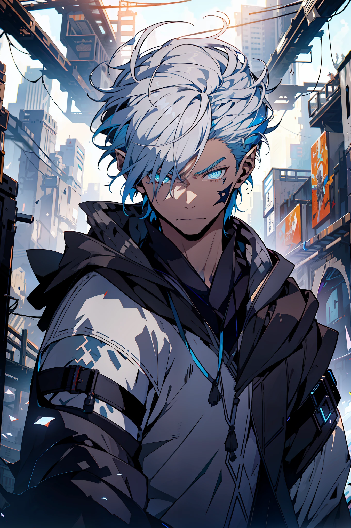 Cyberpunk Man, Elf Ear, Fantasy World, Dark Background, Clean Design, Epic Instagram, Artstation, Colorful Paint Splash, Silhouette, Ultra Detailed Intricate Details, Unreal Engine, Fantasy, Intricate Details, Start Screen, Complementary Colors, Fantasy Concept Art, 8K Resolution, Deviantart Masterpiece, Oil Painting, Heavy Stroke, Paint Drip, (Isolated on White Background: 1.3), Rainbow Skin, (((Handsome Young Man))) , ((age:1.5)), (glowing blue eyes), ((eyes with light)), (((short white hair: 1.1))), ((black)), (prince\\(indifferent expression\\), (((wearing high-detail luxury black robes))), white hair, elf ears, frost magic, ((pectoral muscles) --v 6