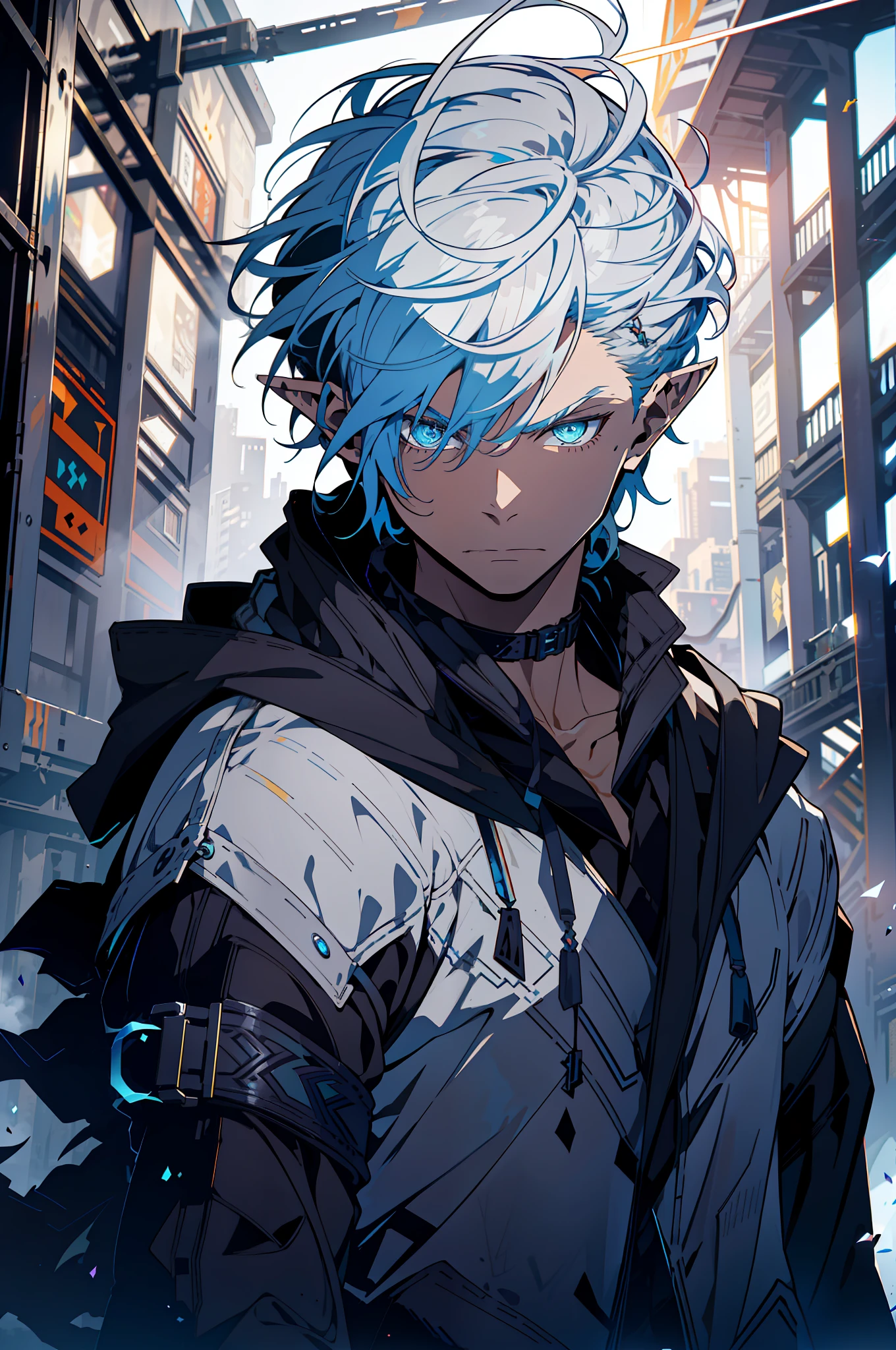 Cyberpunk Man, Elf Ear, Fantasy World, Dark Background, Clean Design, Epic Instagram, Artstation, Colorful Paint Splash, Silhouette, Ultra Detailed Intricate Details, Unreal Engine, Fantasy, Intricate Details, Start Screen, Complementary Colors, Fantasy Concept Art, 8K Resolution, Deviantart Masterpiece, Oil Painting, Heavy Stroke, Paint Drip, (Isolated on White Background: 1.3), Rainbow Skin, (((Handsome Young Man))) , ((teenage:1.5)), (glowing blue eyes), ((eyes with light)), (((short white hair: 1.1))), ((black)), (prince\\(indifferent expression\\), (((wearing high-detail luxury black robes))), white hair, elf ears, frost magic, ((pectoral muscles) --v 6