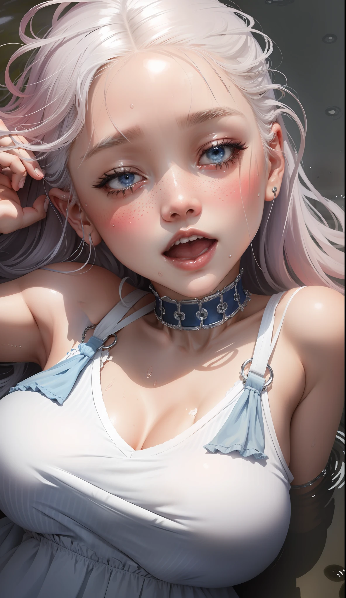 a hyper-realistic portrait of a little girl asleep, (huge breast:1.2),(squeeze breast:1.3),in a nightie,long white hair, wearing choker,chain between breast, on top of a puddle of water, lots of rain, body all wet, in the middle of nature, 9 years old,slim body, she is wearing blue panties, [[freckles]], realistic, (lying on her back up), she is wearing dress top, wet-clothes, short platinum hair, (white hair), sweaty, very sweaty,  wet, curved, SFW,close-up,(blushing:1.5),(open mouth:1)