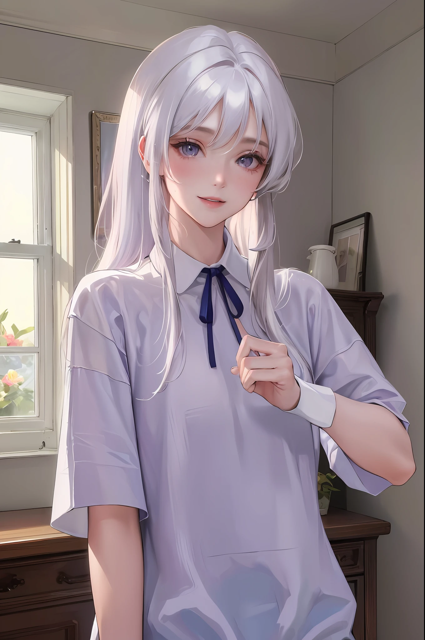(higher resolution, distinct_image) best quality, a white-haired woman, masterpiece, highly detailed, semi-realistic, 21 years old, beautiful, young, handsome, t-shirt, lilac shirt pull, collar at neck, interior, modern room, window, wake up, morning, blush, smile