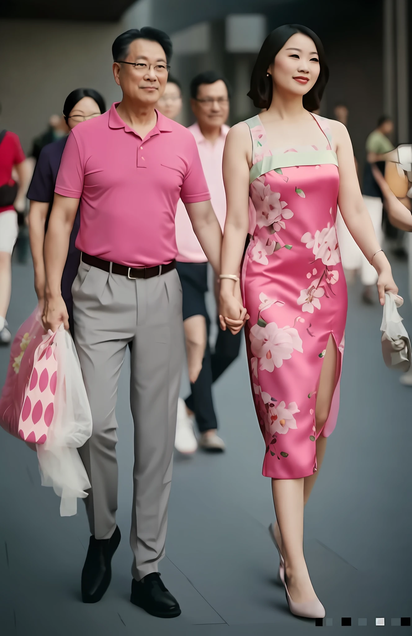 Young woman in pink dress walking with middle-aged man in pink shirt, couple walking hand in hand, man with glasses walking with young woman, cute couple, dress with pink broken flowers with suspenders, shadow screenshot, walking together, holding hands, wearing red cheongsam, wearing fluent clothes