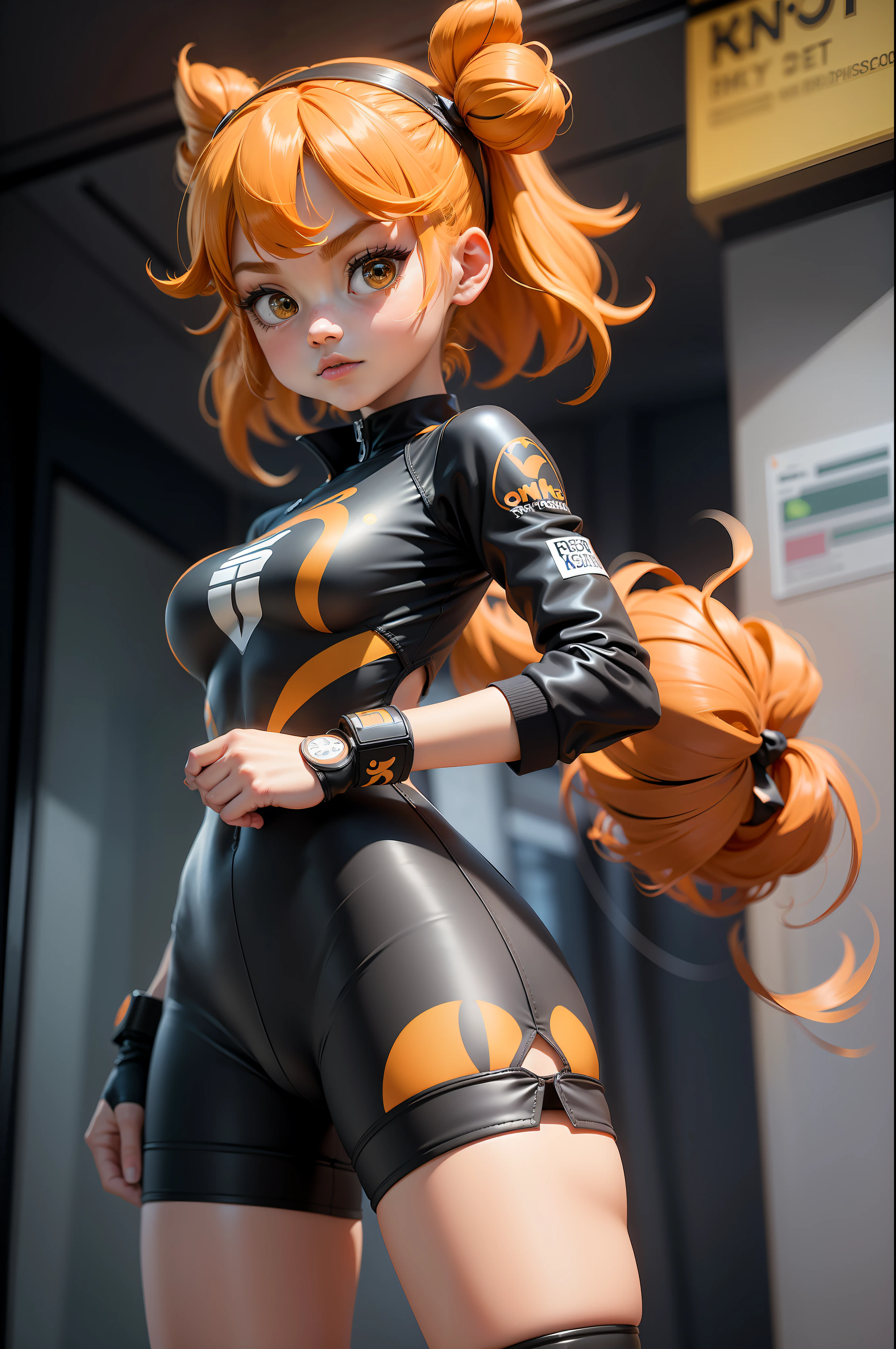 3dmm style, (masterpiece, best quality), intricate details, 1girl, solo, bea\(pokemon\), bow hair band, printed shirt, tied shirt, black bodysuit, bodysuit under clothes, single glove, print shorts, knee pads, barefoot, cowboy shot, looking to the side from the front, visible whole body, arms crossed, yellow clothing, orange hair, mysterious look, wide shot, wearing boots, short skirt