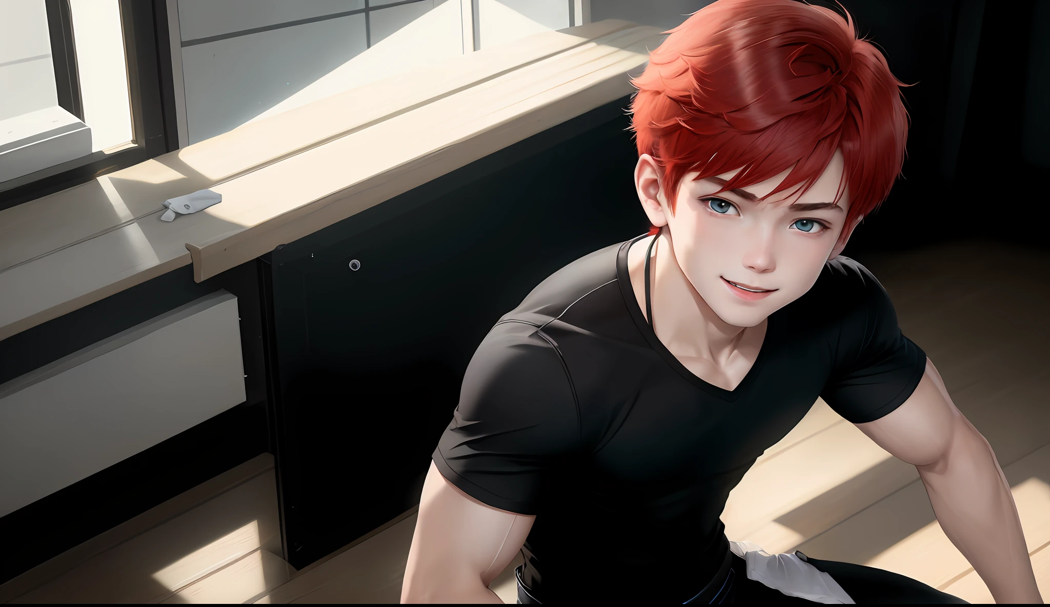 A young boy with white skin, short red hair, anime hair, straight hair, red hair, satoru gojo Hair, slin body, fitness body, strong body, blue eyes, realistic eyes, black clothes (black shirt and black pants) smiling with his mouth closed, Realistic lighting, Realistic lighting, Radiosity, particle rain, realistic particles.