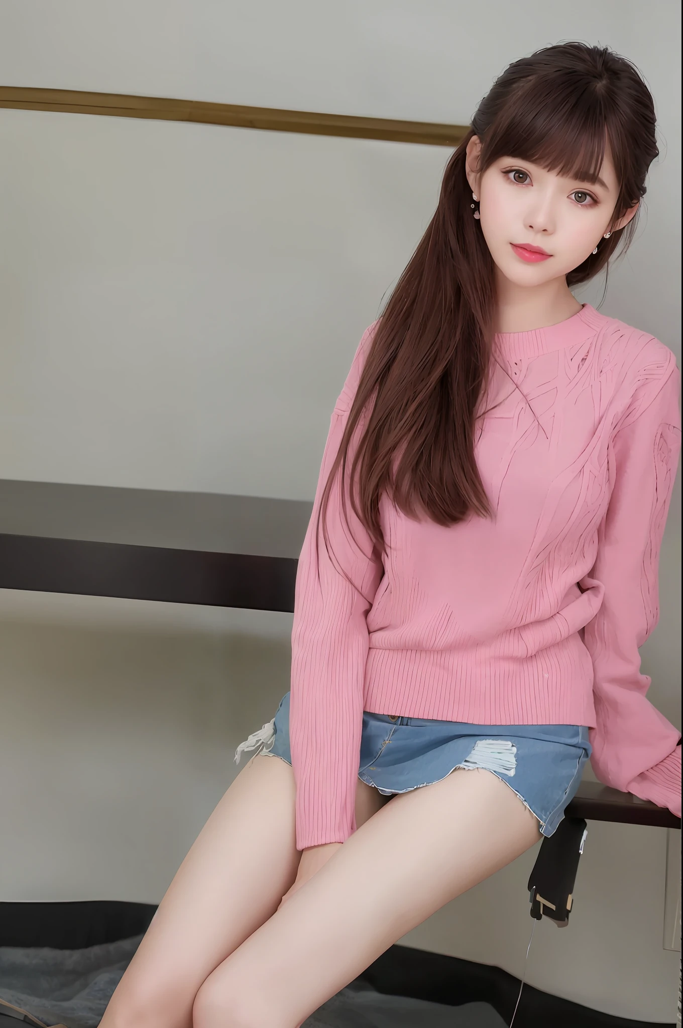 Image quality, high quality, realistic, high-quality outfit, detailed and delicate skin, light makeup, indoors, knitted, long sleeves, pink, denim mini skirt, skinny, semi-long hair, thin legs, whitening skin