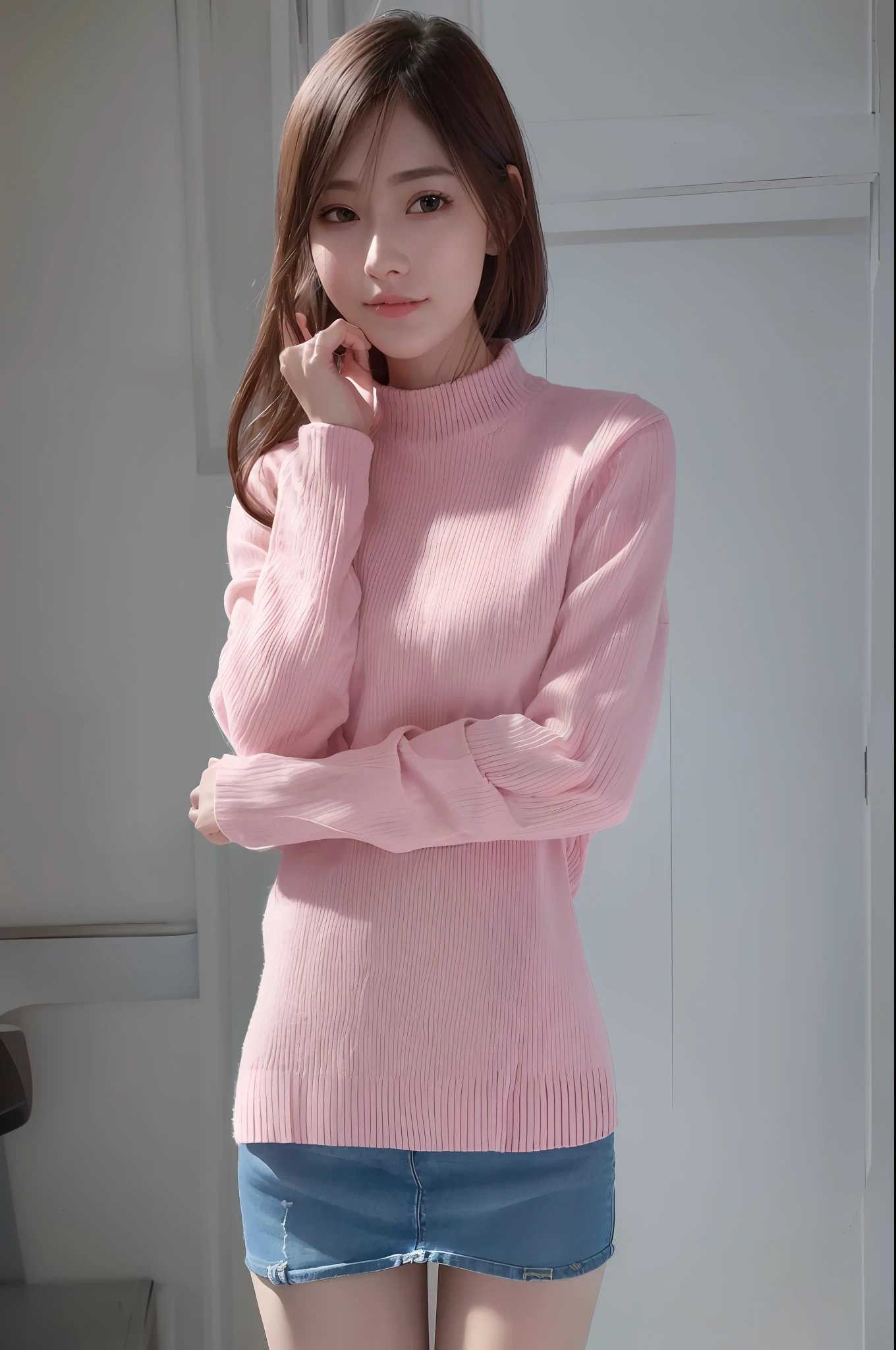 Image quality, high quality, realistic, high-quality outfit, detailed and delicate skin, light makeup, indoors, knitted, long sleeves, pink, denim mini skirt, skinny, semi-long hair, thin legs, whitening skin
