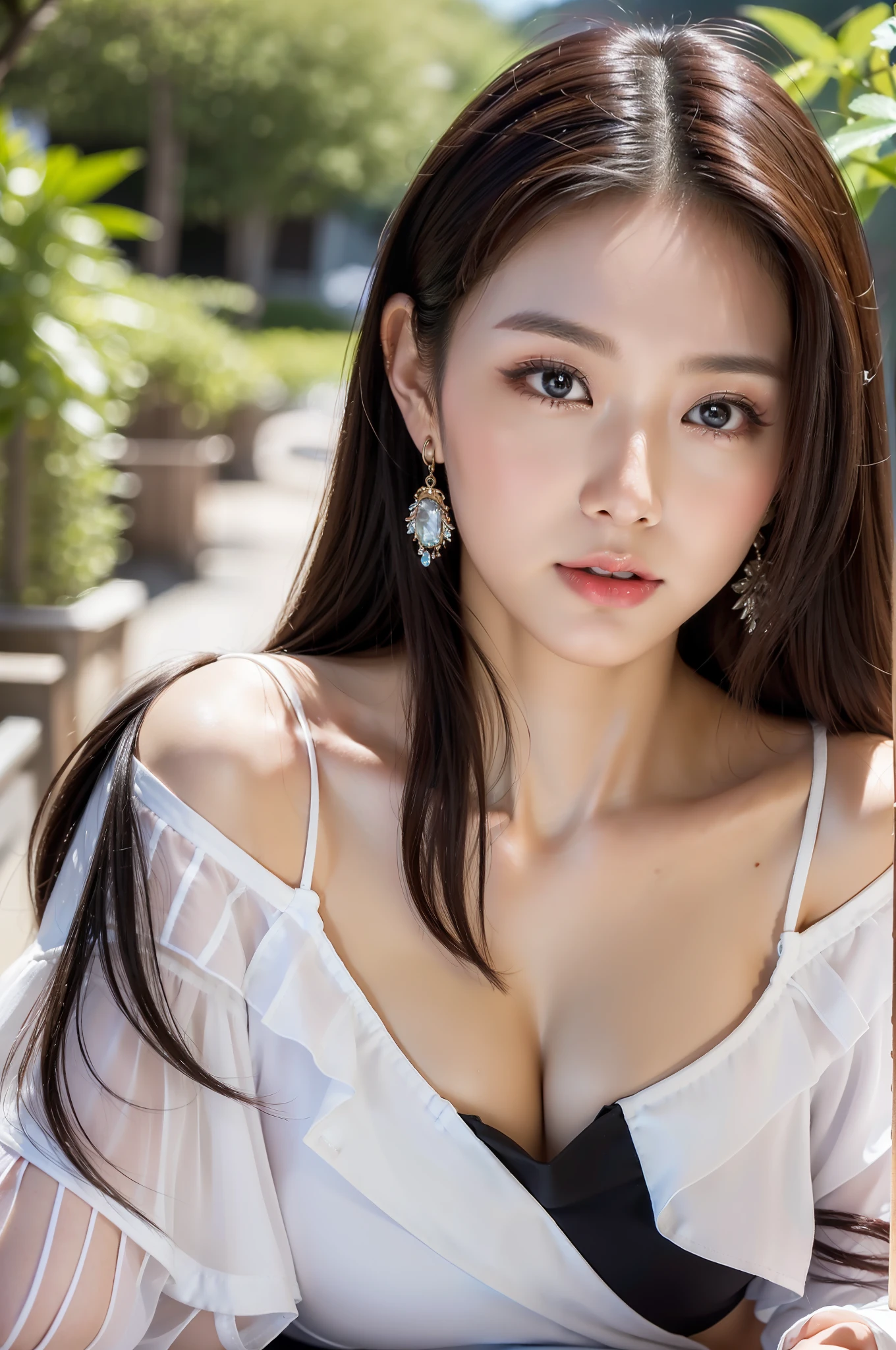 ((top quality, 8k, masterpiece: 1.3)), sharp focus: 1.2,1 Cute Japan Woman Pictures: 1.4, black hair, medium breasts, wearing a white blouse, extremely detailed eyes and face, sharp pupils, realistic pupils, sharp focus, ccinematic lighting, off-shoulder, cleavage,happy