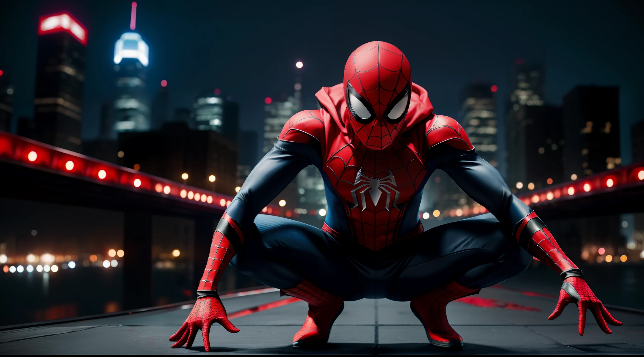 spider man with spawn costume, crown, panorama, canon, high detail, hyperrealism, masterpiece, super detail, best quality, 8k, UHD