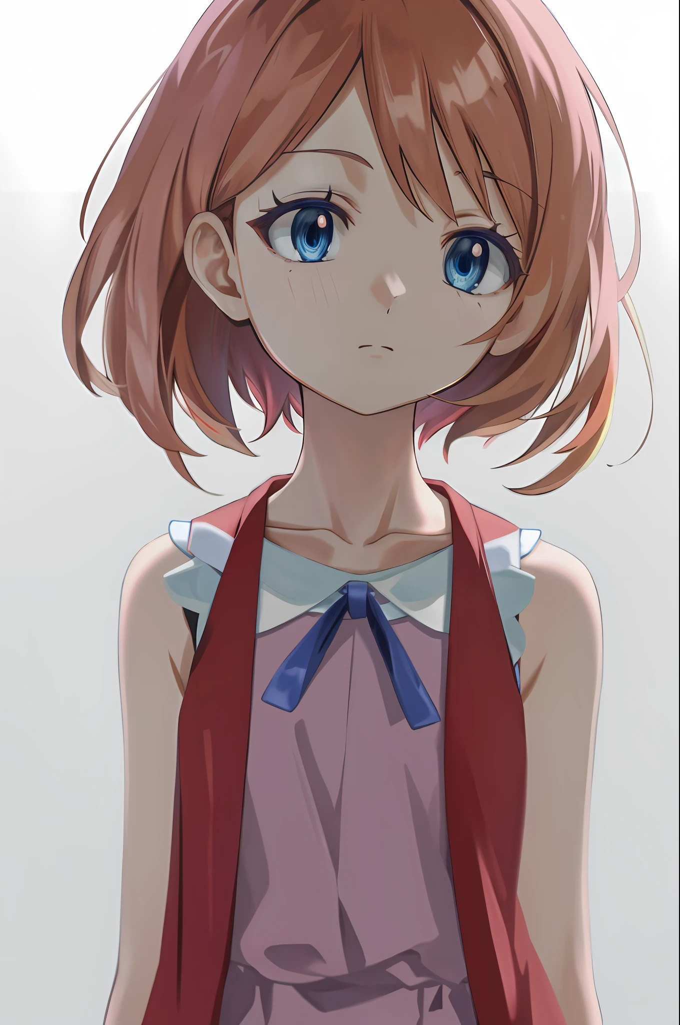 masterpiece, best quality, highres, serena \(pokemon\), short hair, blue eyes, 1girl, solo, blue ribbon, eyelashes, neck ribbon, sleeveless, bangs, collarbone, bare arms, pink dress , red coat, white background, front, no scenery, looking at the viewer,upper body, facing viewer, solid color background, clean background, facing the camera, high resolution, expressionless calm face, white back ground, looking away