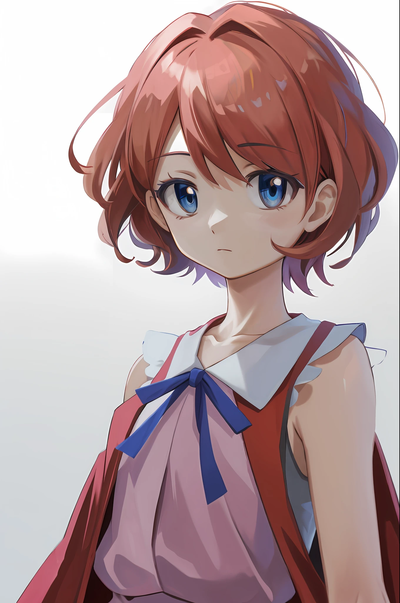 masterpiece, best quality, highres, serena \(pokemon\), short hair, blue eyes, 1girl, solo, blue ribbon, eyelashes, neck ribbon, sleeveless, bangs, collarbone, bare arms, pink dress , red coat, white background, front, no scenery, looking at the viewer,upper body, facing viewer, solid color background, clean background, facing the camera, high resolution, expressionless calm face, white back ground, looking away